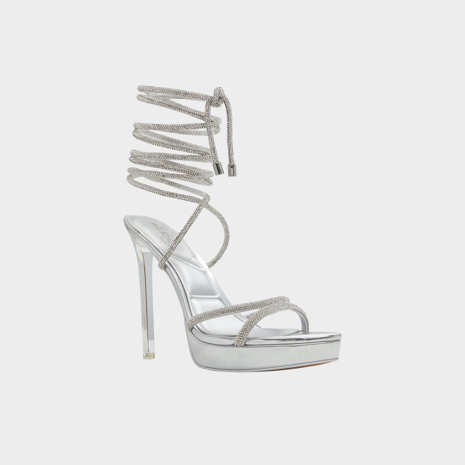Three-quarter angle of Silver Izabella Strappy heeled sandal's front side