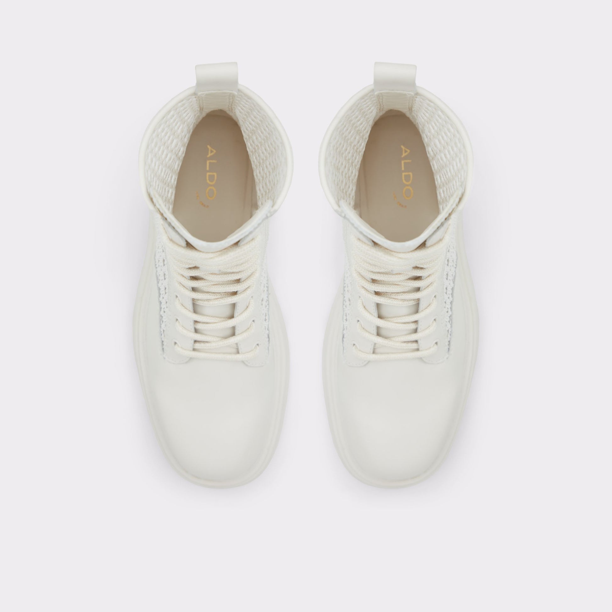 Top-down view of the Open White Aryn Combat ankle boot