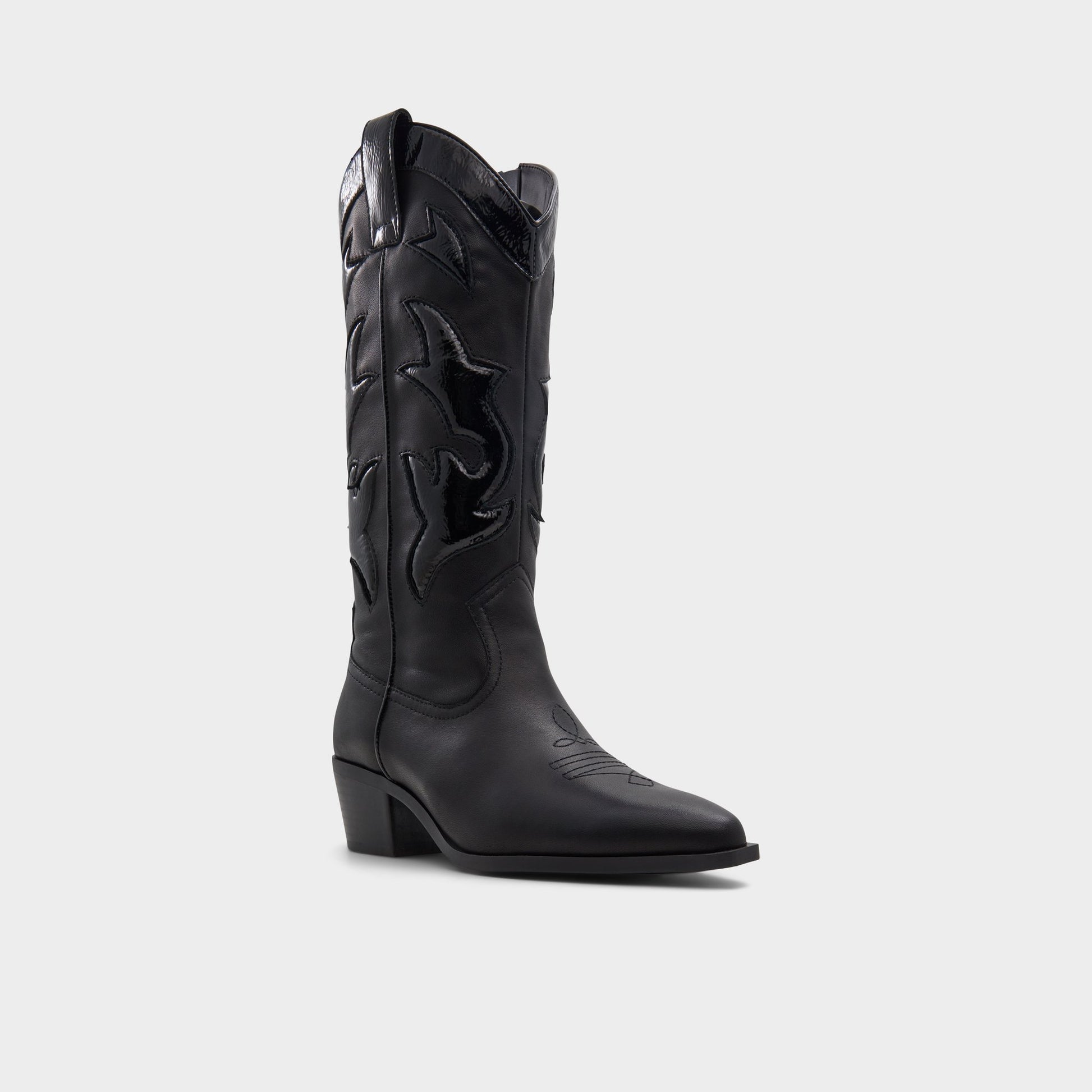 Three-quarter angle of Black Nebraska Mid-calf western boot's front side