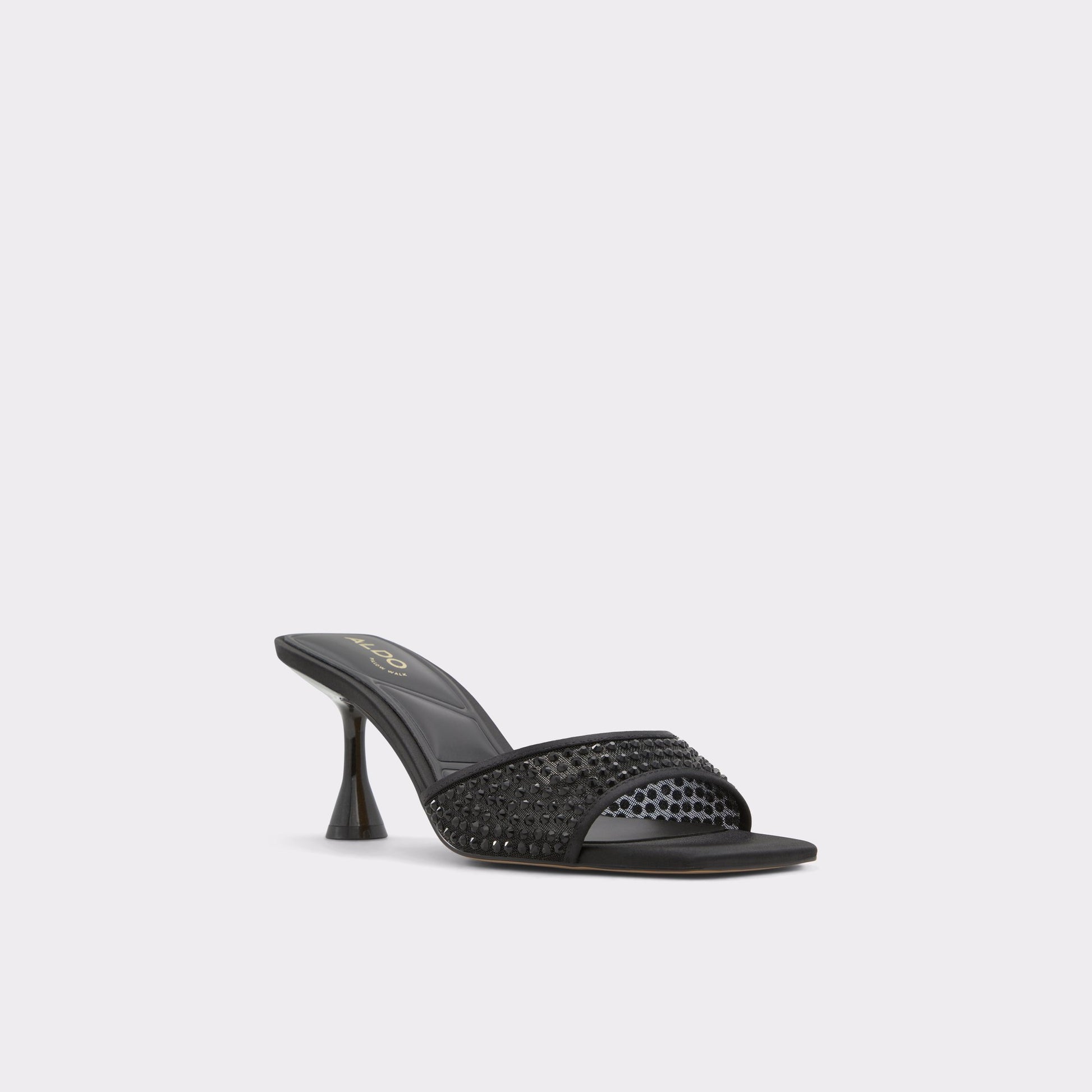 Three-quarter angle of Black Agatha Heeled mule's front side