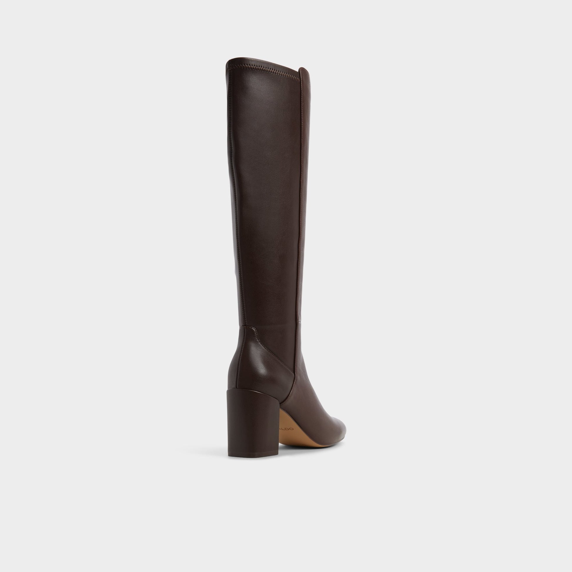 Three-quarter angle of Brown overflow Satori Knee-high boot's back side