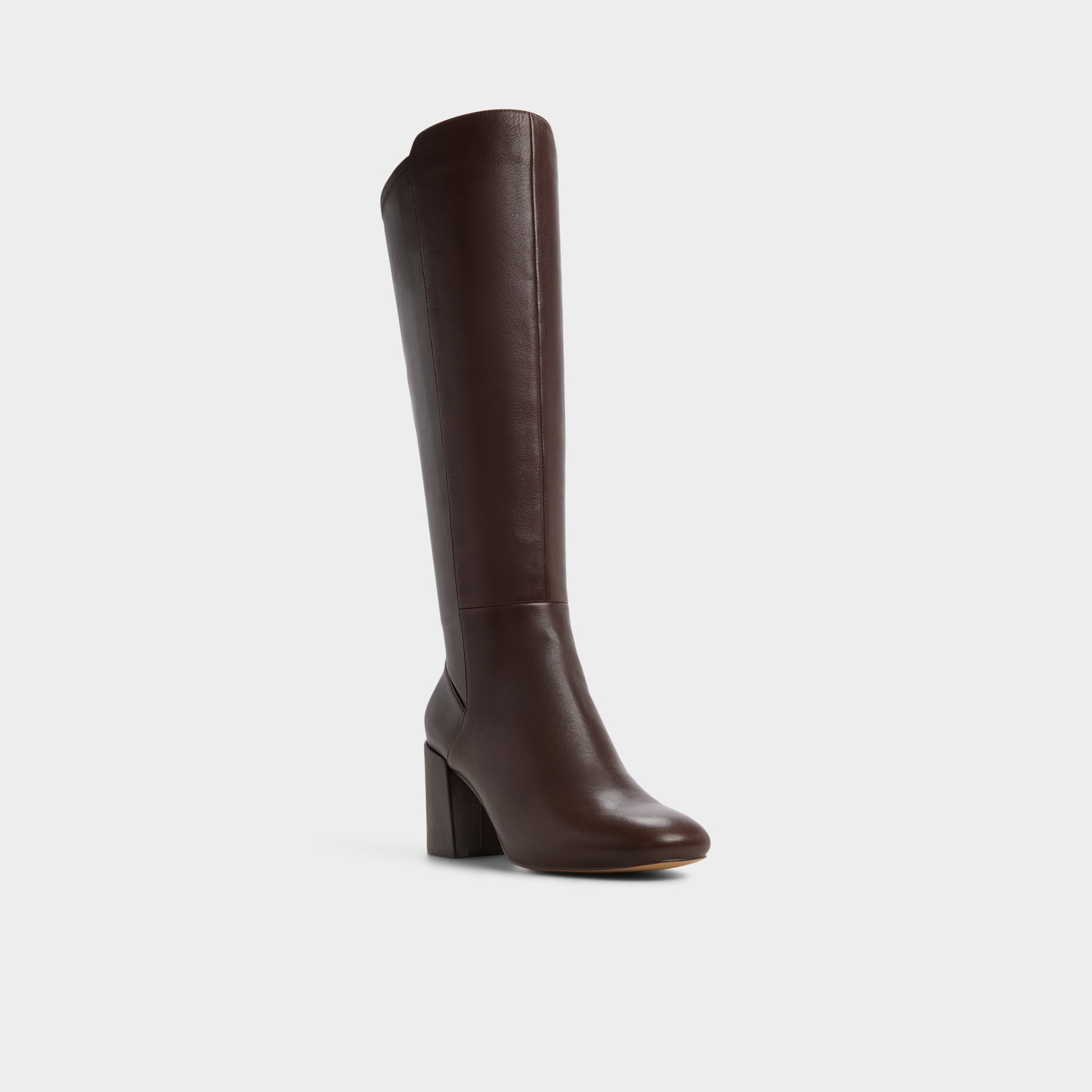 Three-quarter angle of Brown overflow Satori Knee-high boot's front side