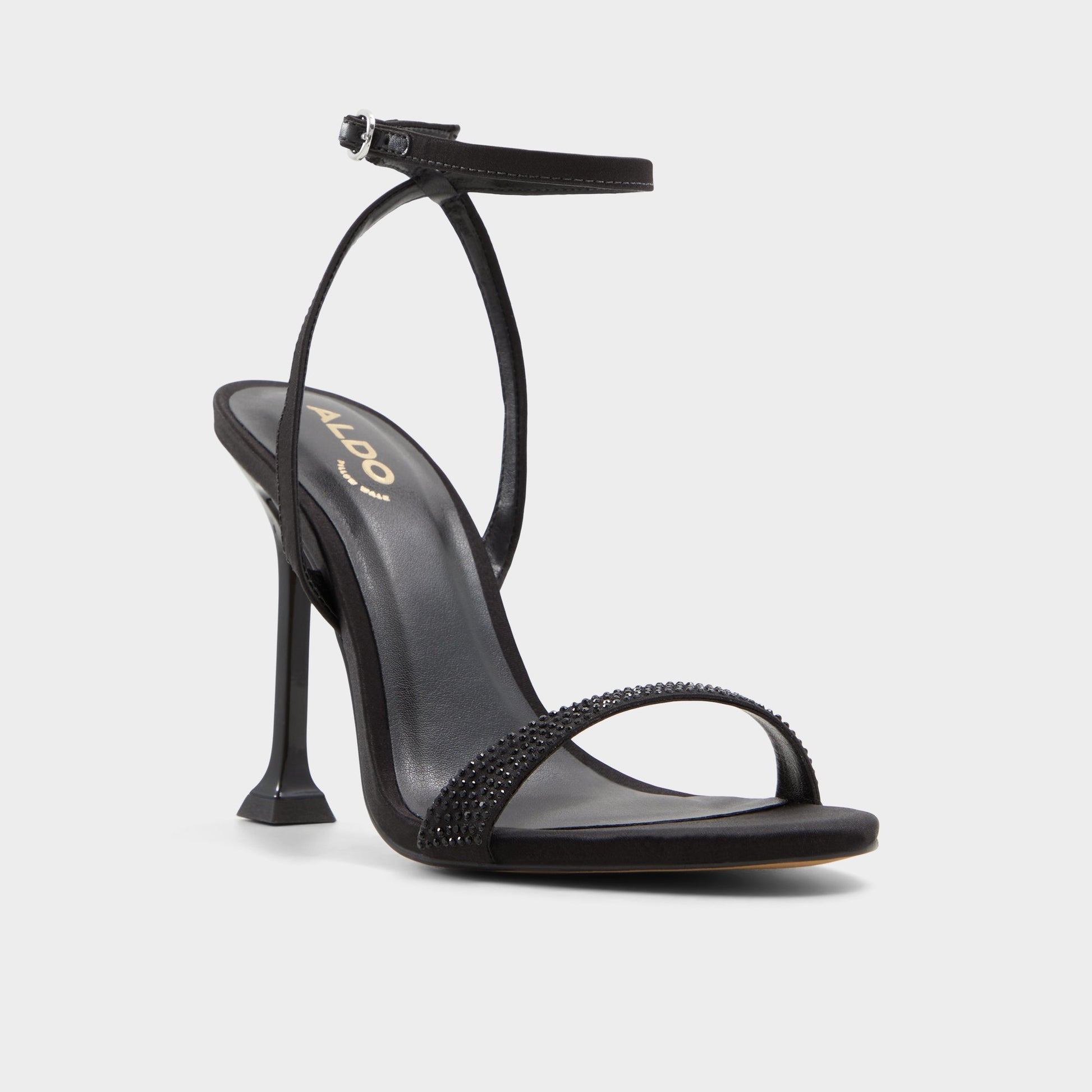 Three-quarter angle of Black Lydala Strappy heeled sandal's front side