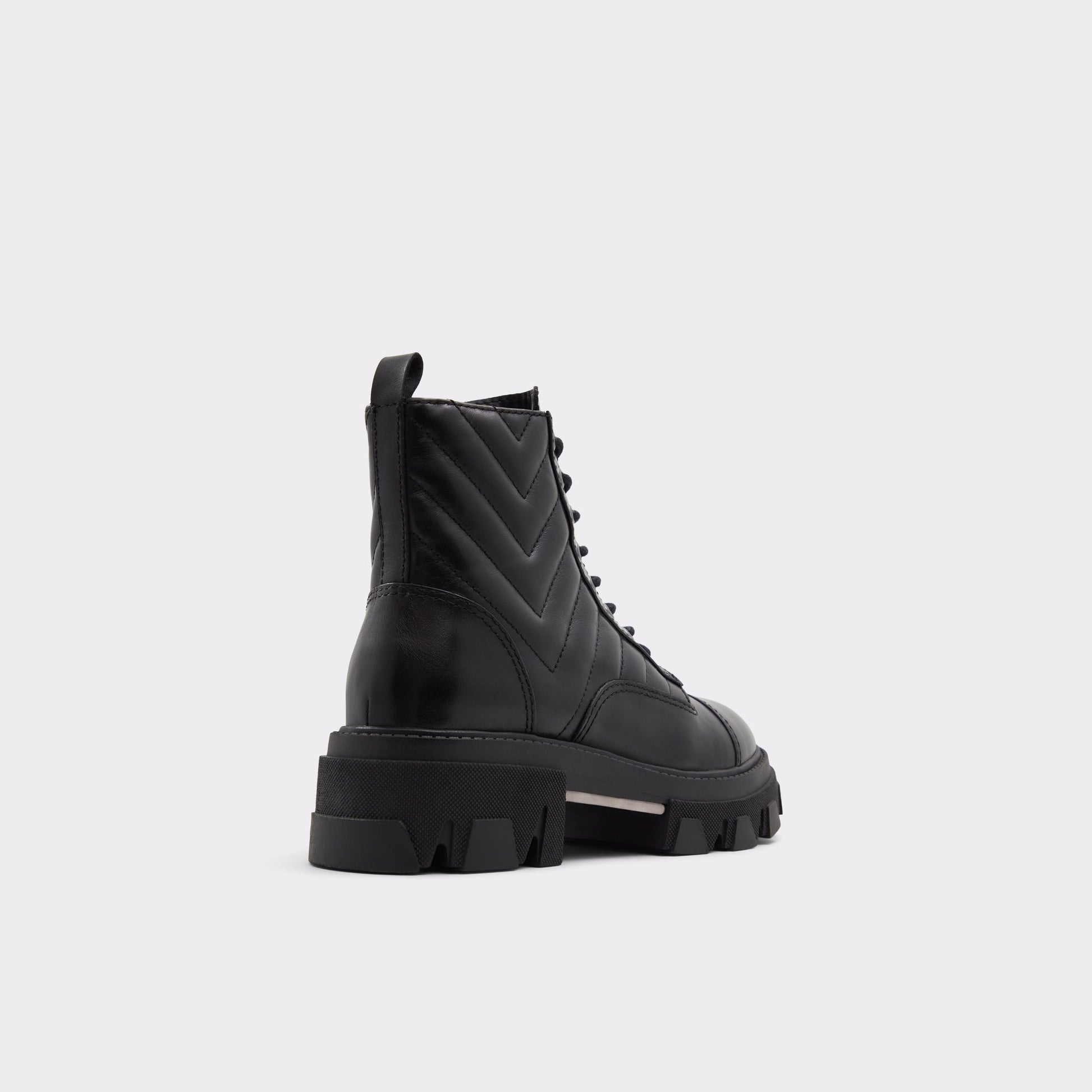 Three-quarter angle of Black Montrose Combat ankle boot's back side