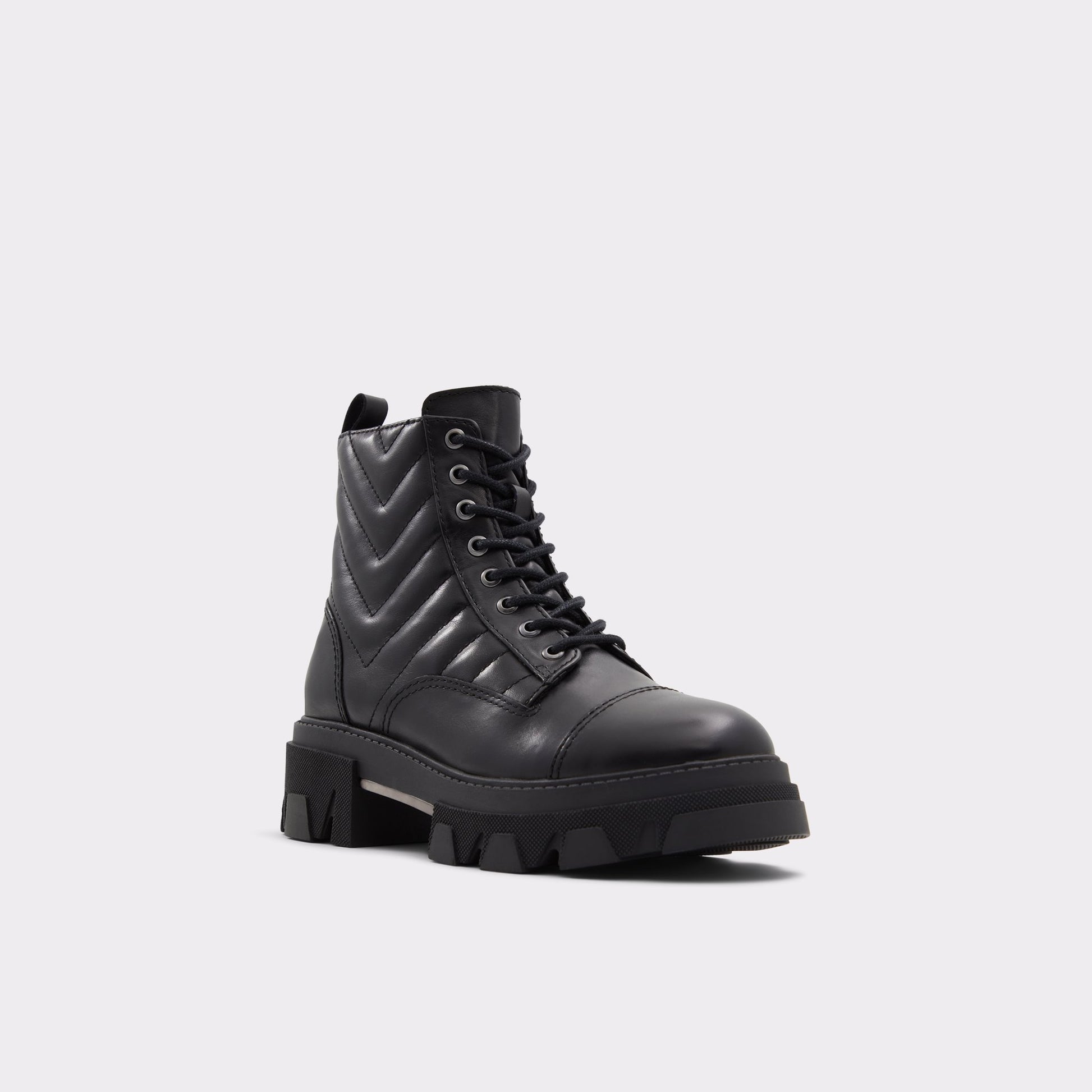 Three-quarter angle of Black Montrose Combat ankle boot's front side