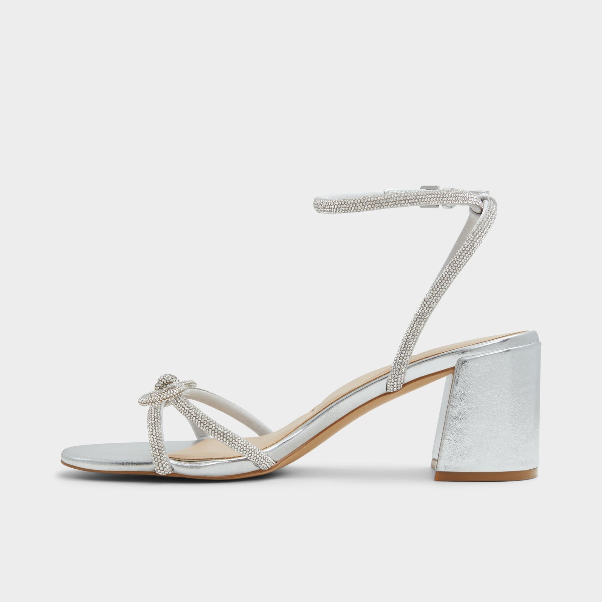 Side view of Silver Bouclette Strappy heeled sandal