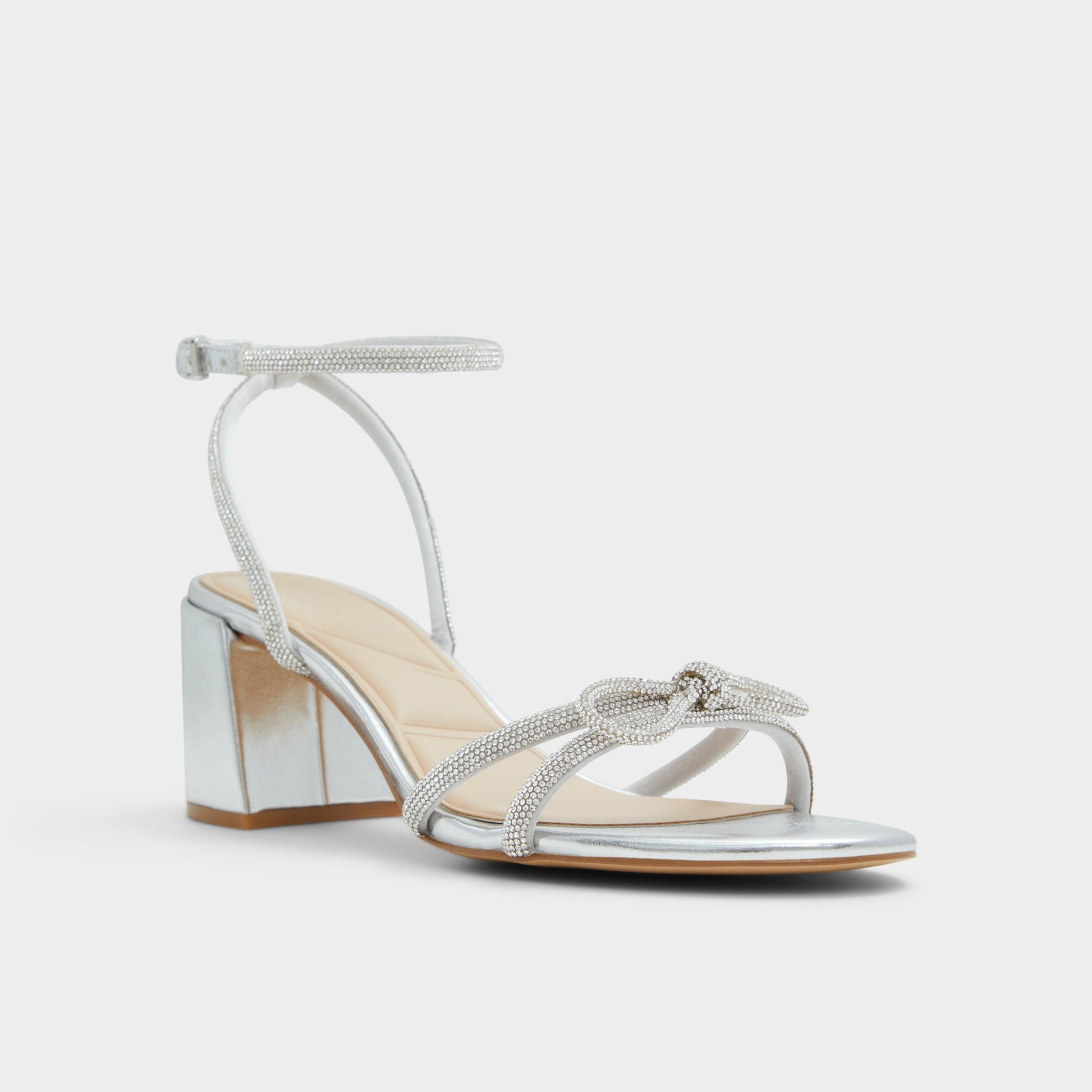Three-quarter angle of Silver Bouclette Strappy heeled sandal's front side