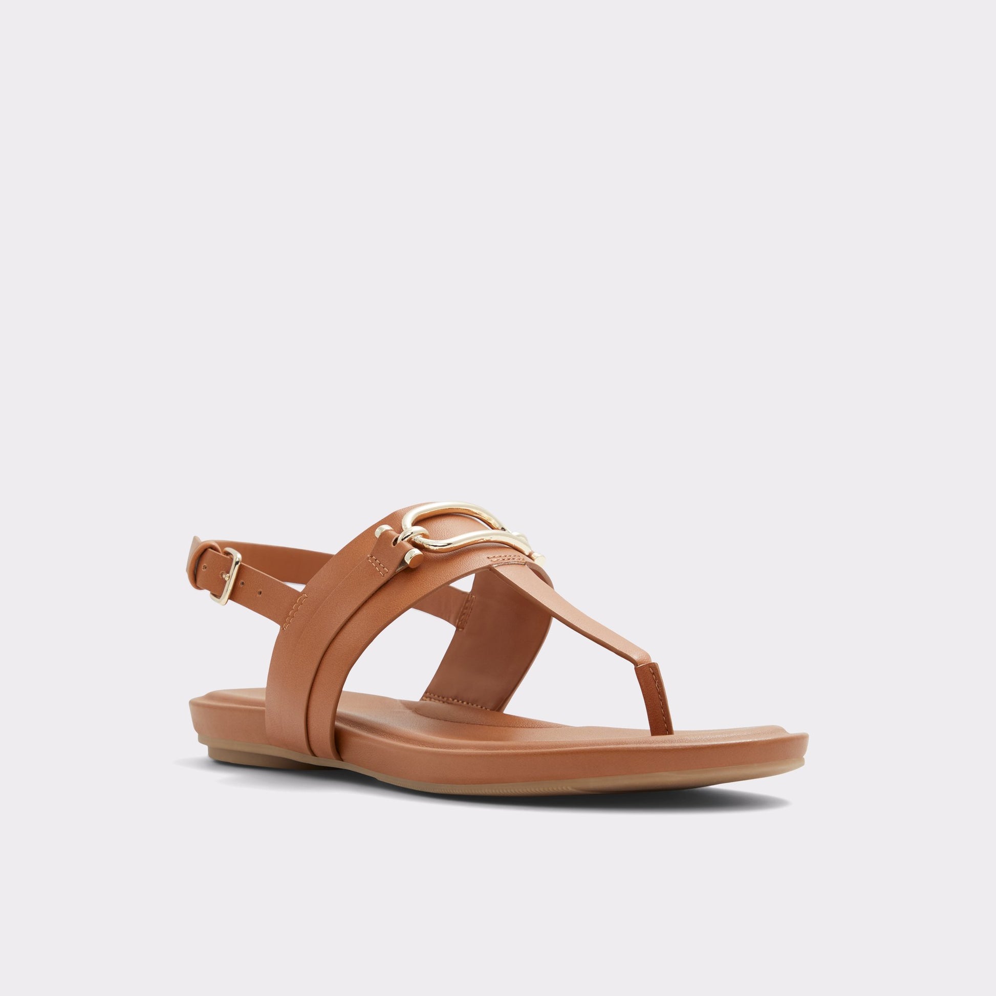 Three-quarter angle of Medium Brown Adraynwan T-strap sandal's front side