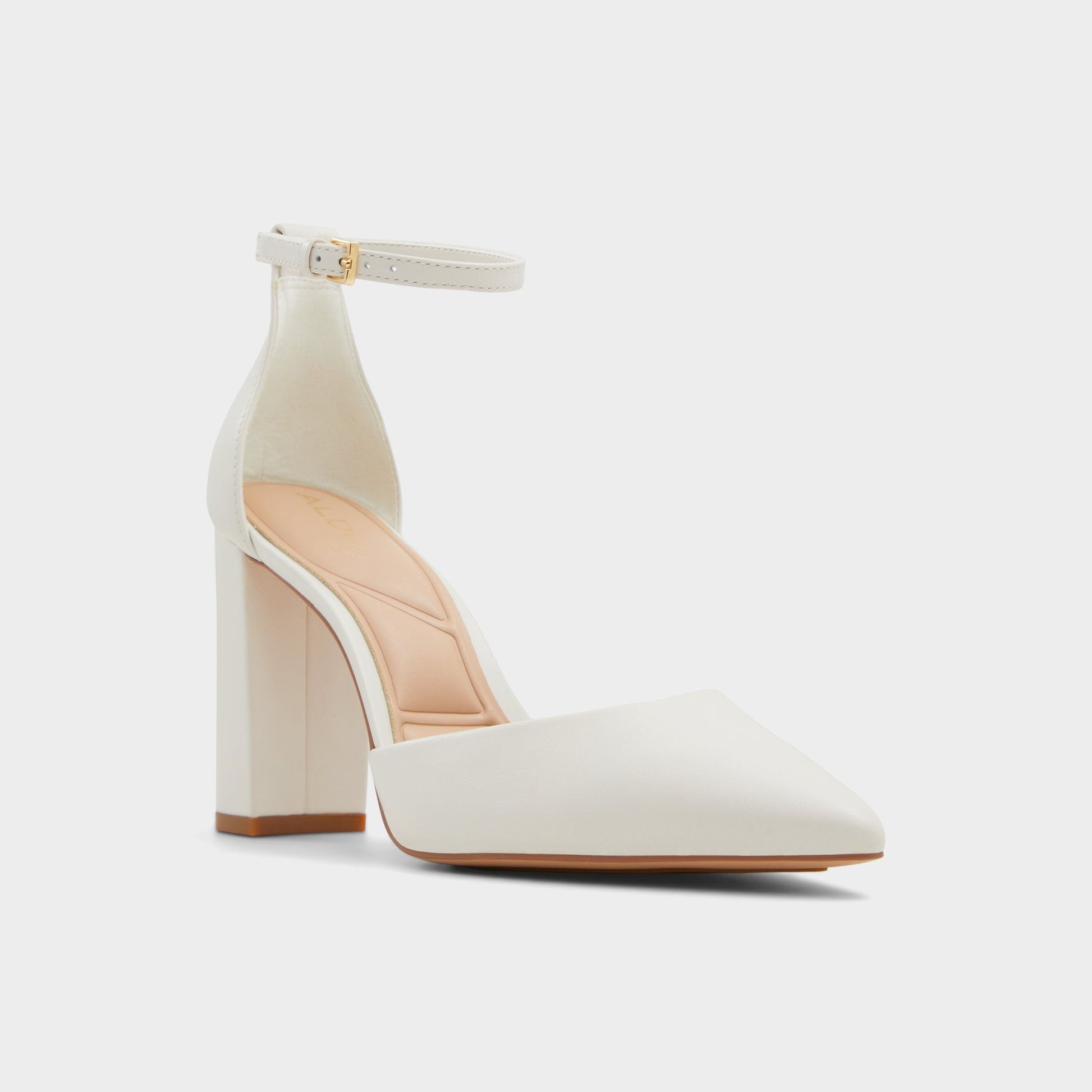 Three-quarter angle of White/bone Faith Strappy heeled shoe's front side