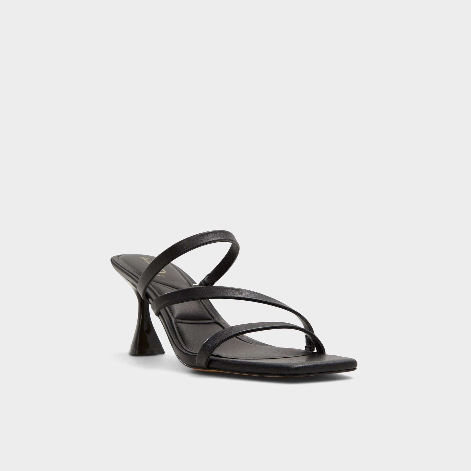 Three-quarter angle of Black Jewella Strappy heeled sandal's front side