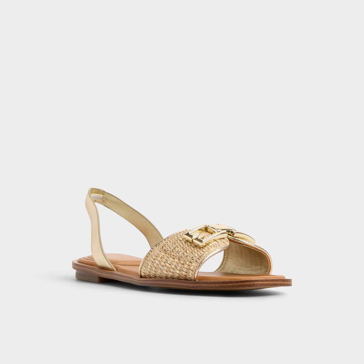 Three-quarter angle of Gold Agreinwan Flat sandal's front side