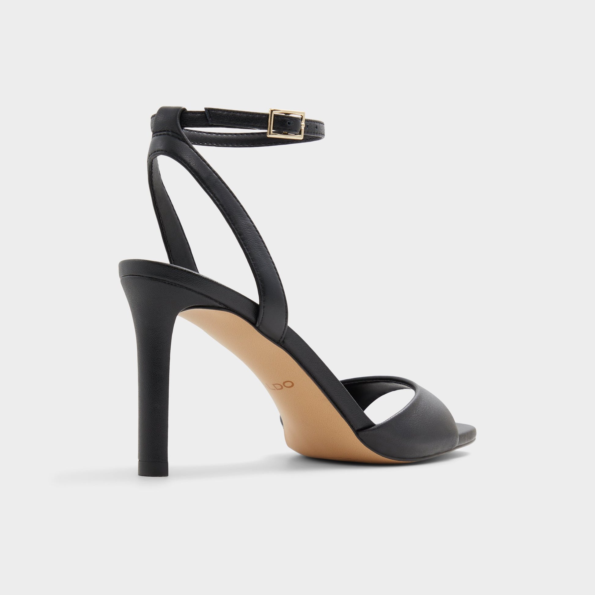 Three-quarter angle of Black Sake Strappy heeled sandal's back side