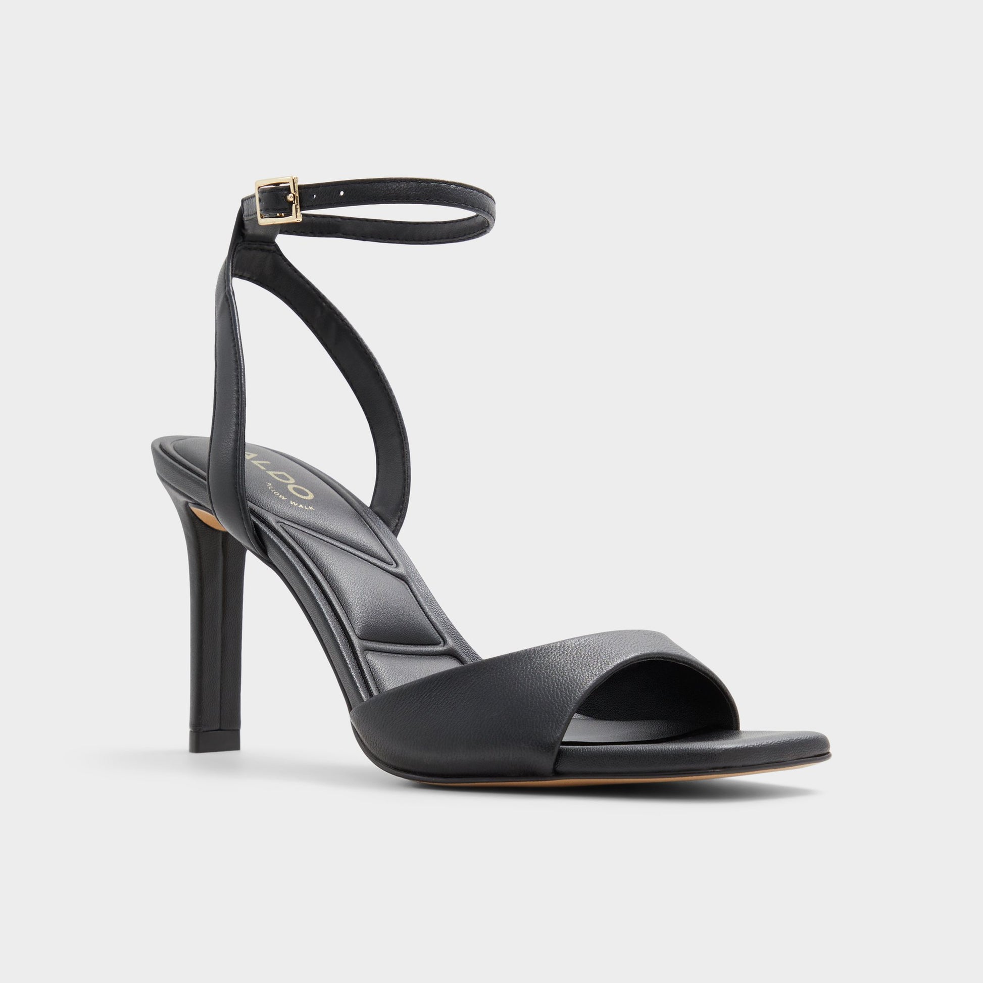 Three-quarter angle of Black Sake Strappy heeled sandal's front side