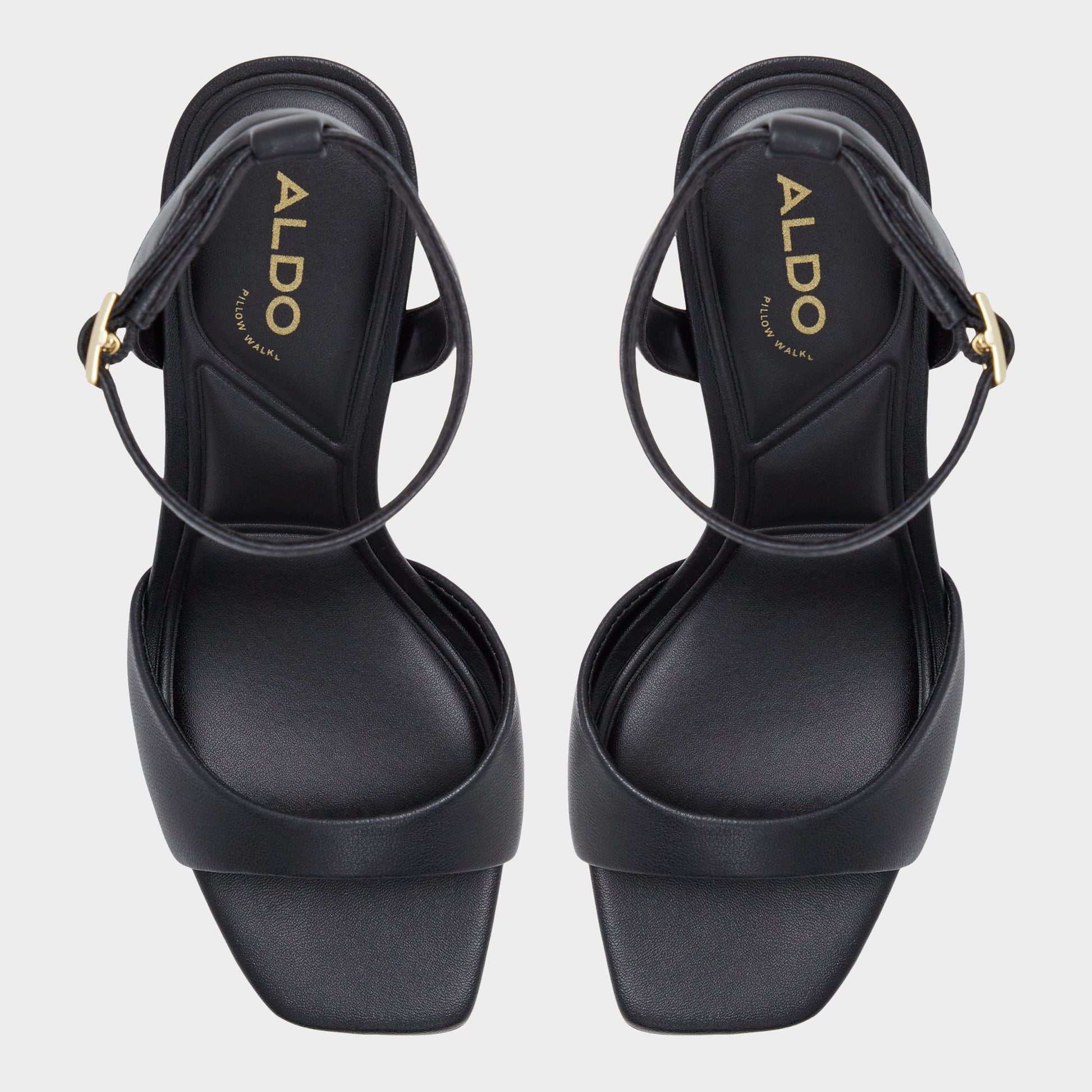 Top-down view of the Black Sake Strappy heeled sandal