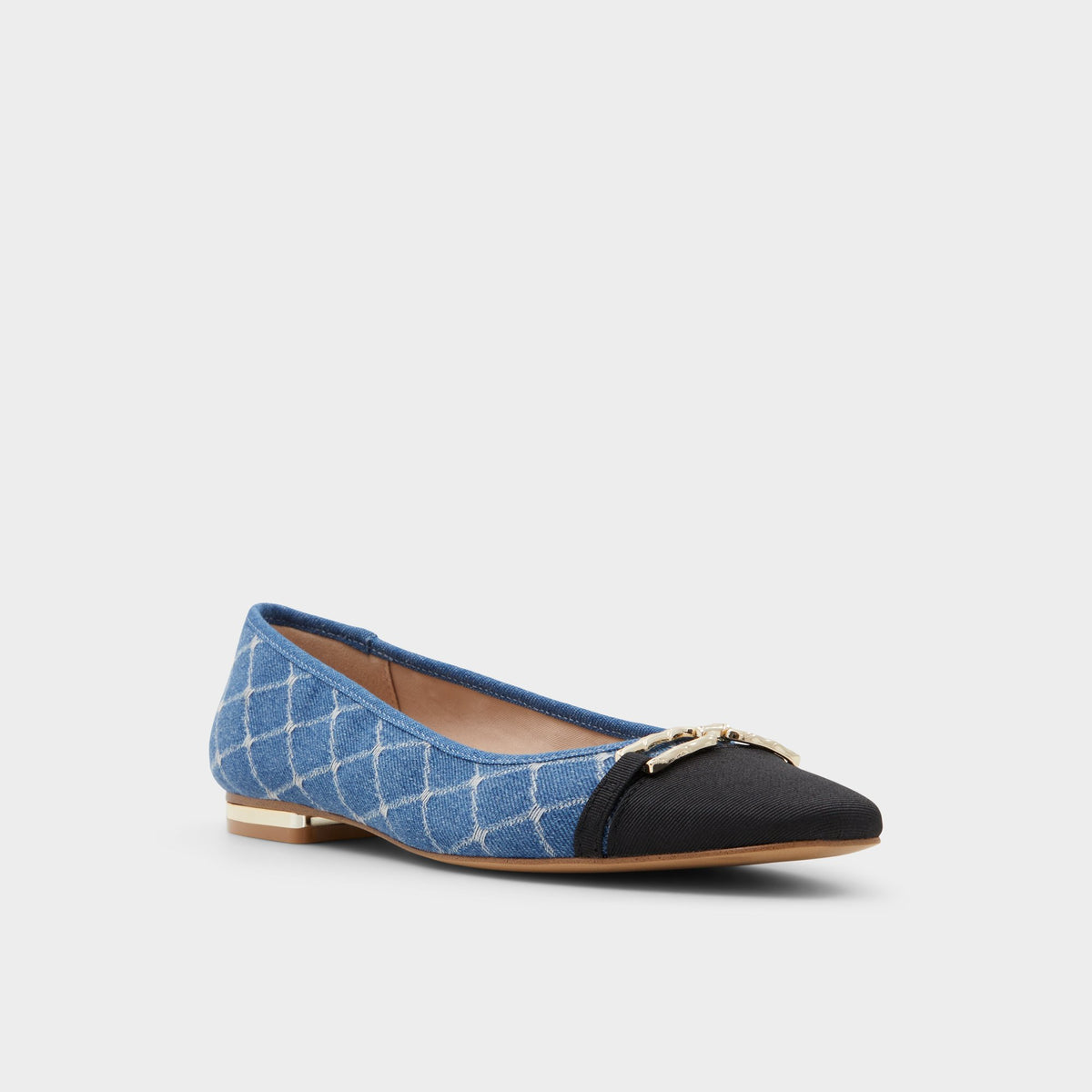 Three-quarter angle of Medium Blue Preri Ballet flat's front side