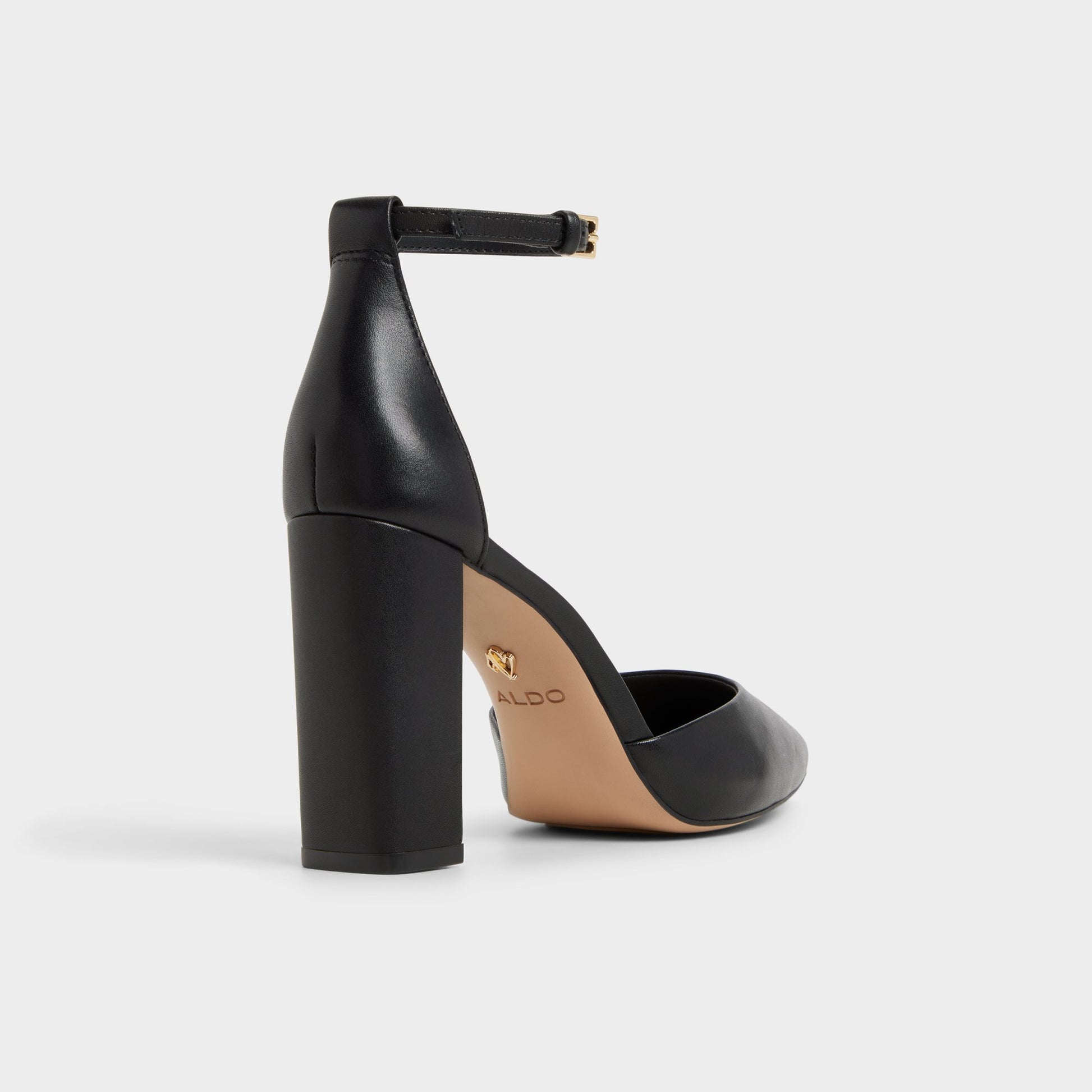 Three-quarter angle of Black Faith Strappy heeled shoe's back side