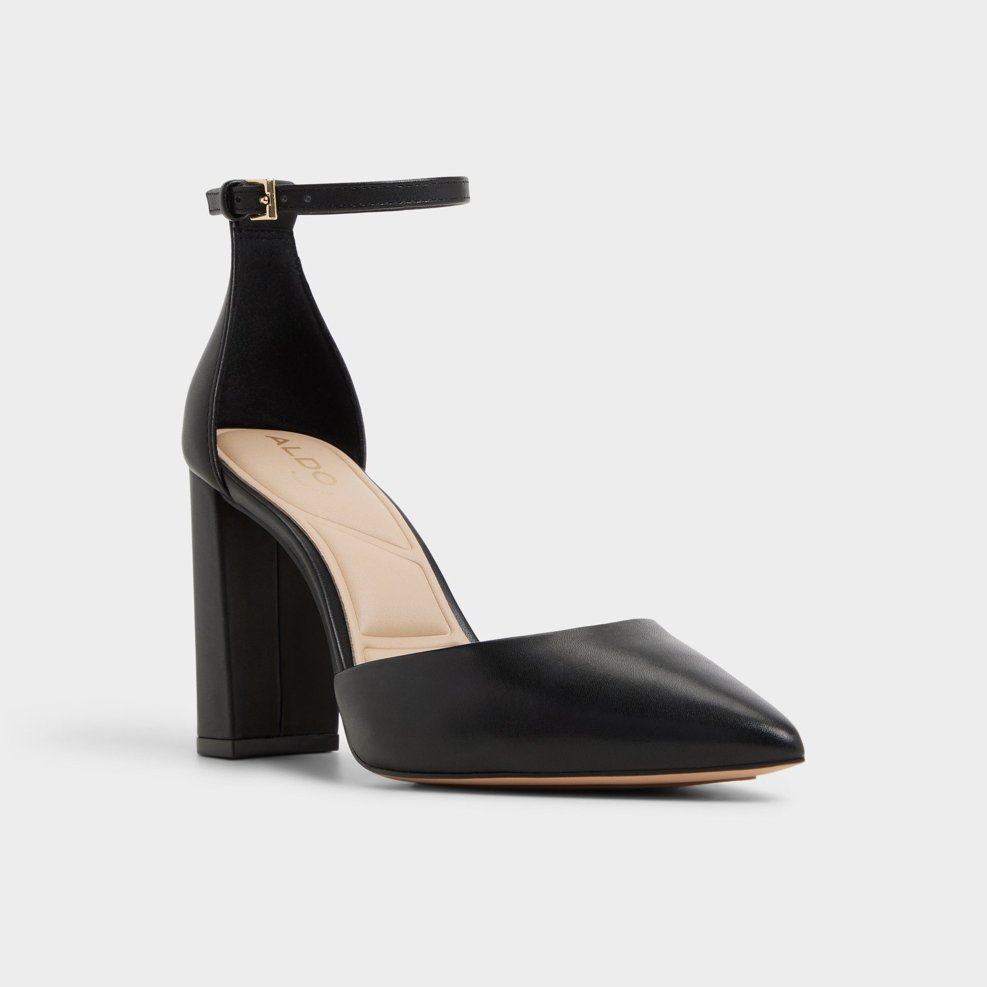 Three-quarter angle of Black Faith Strappy heeled shoe's front side