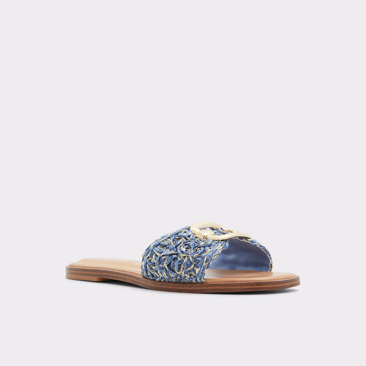 Three-quarter angle of Medium Blue Glaeswen Slide sandal's front side