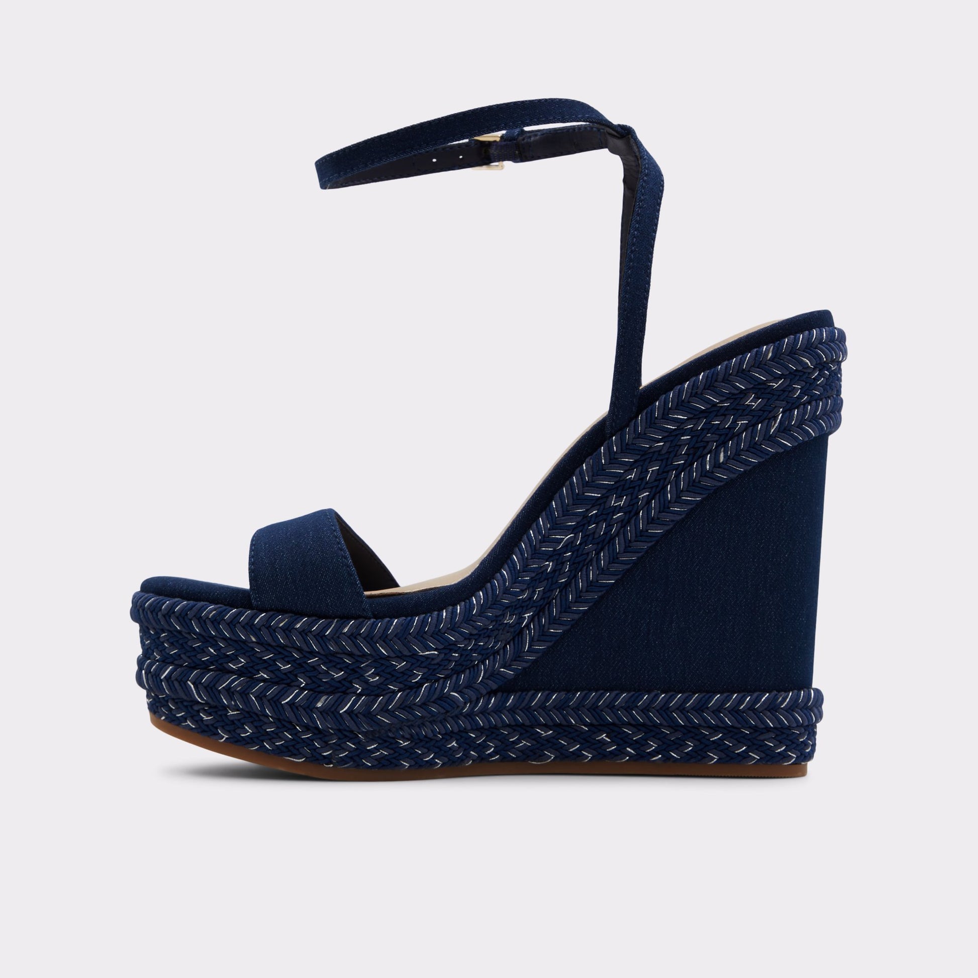 Side view of Medium Blue Marysol Wedge sandal