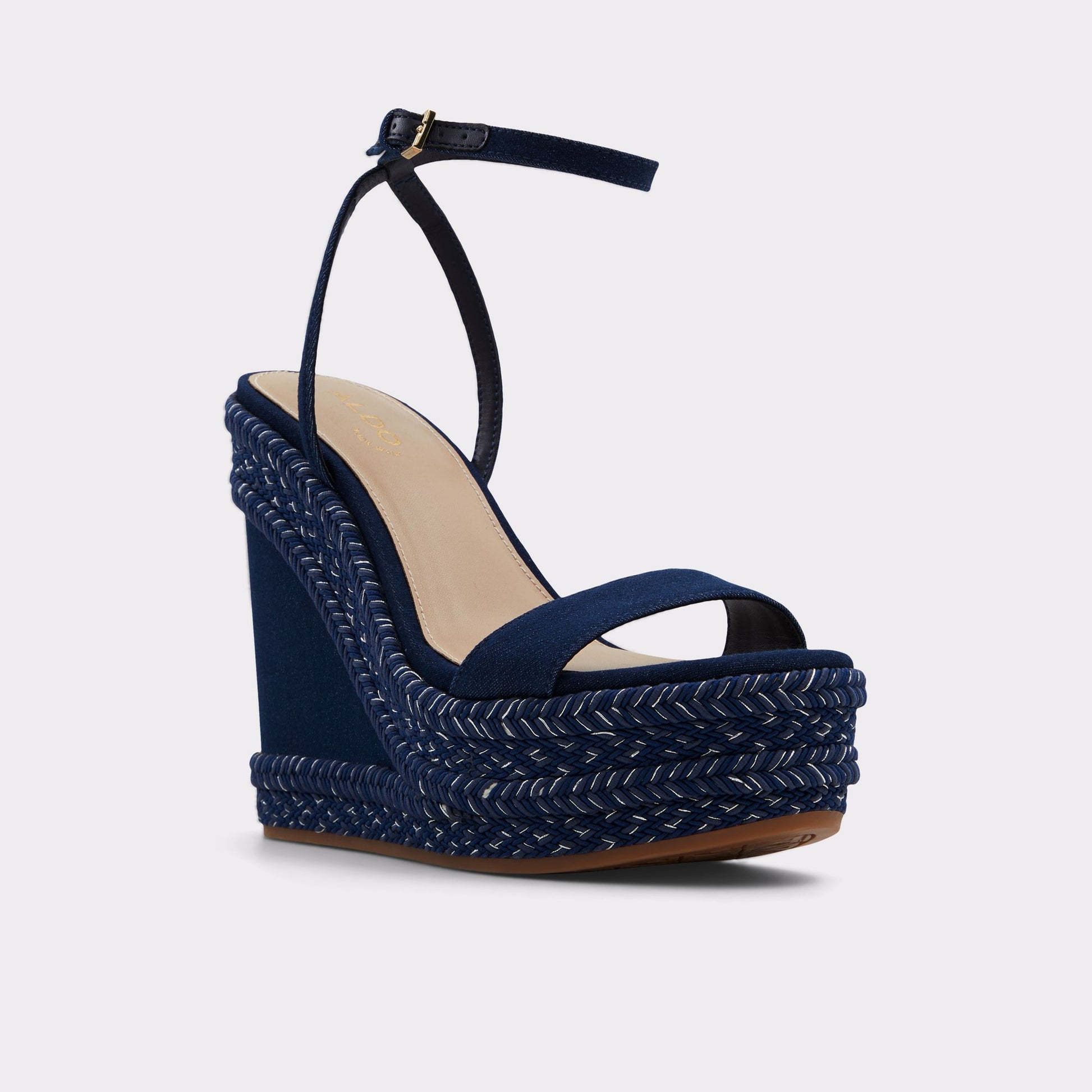 Three-quarter angle of Medium Blue Marysol Wedge sandal's front side