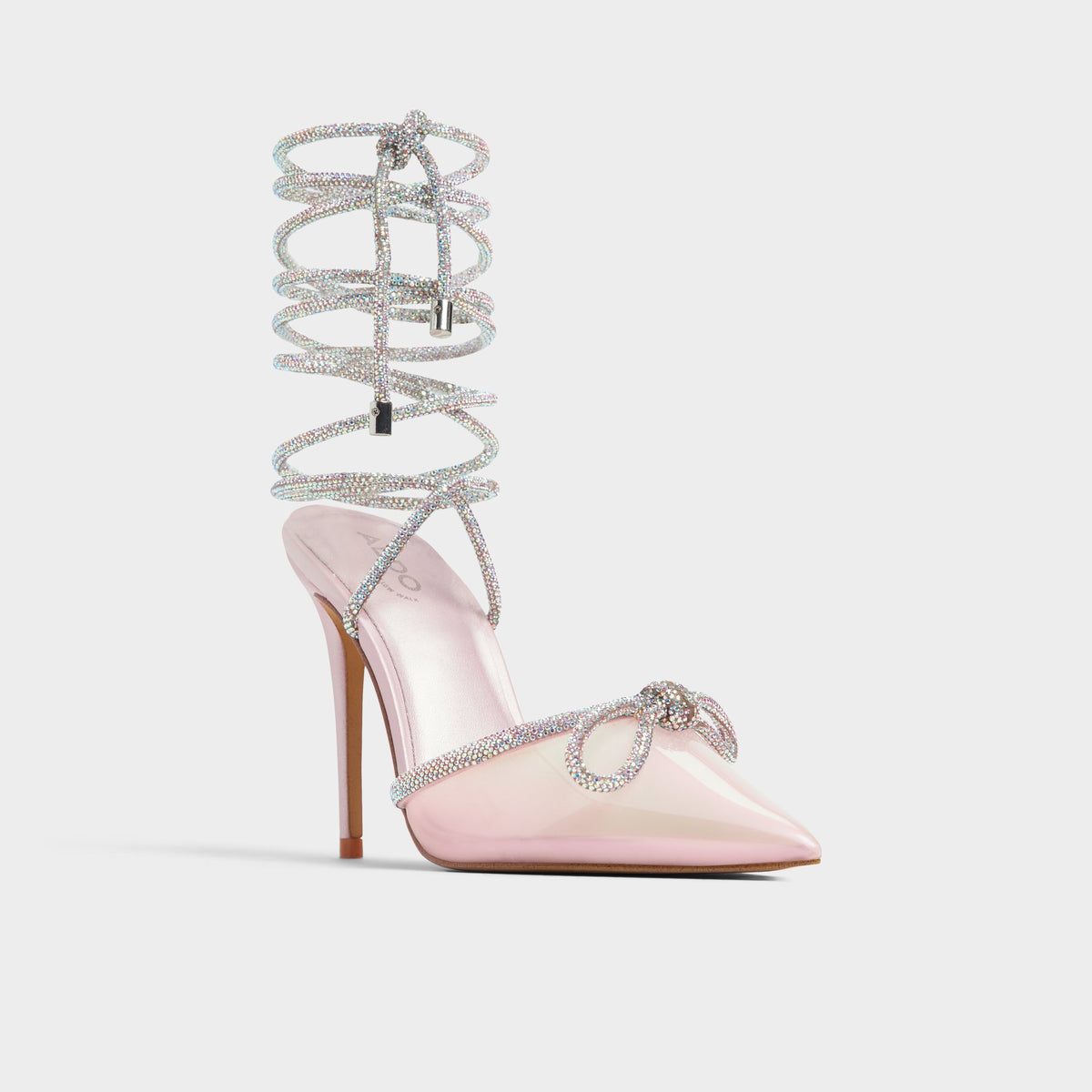 Three-quarter angle of Open Pink Halalia Strappy stiletto heel's front side