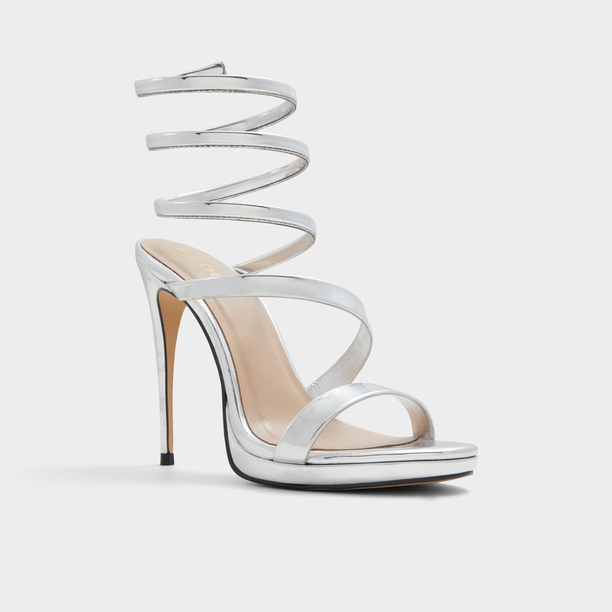 Three-quarter angle of Silver Katswirl Strappy sandal's front side