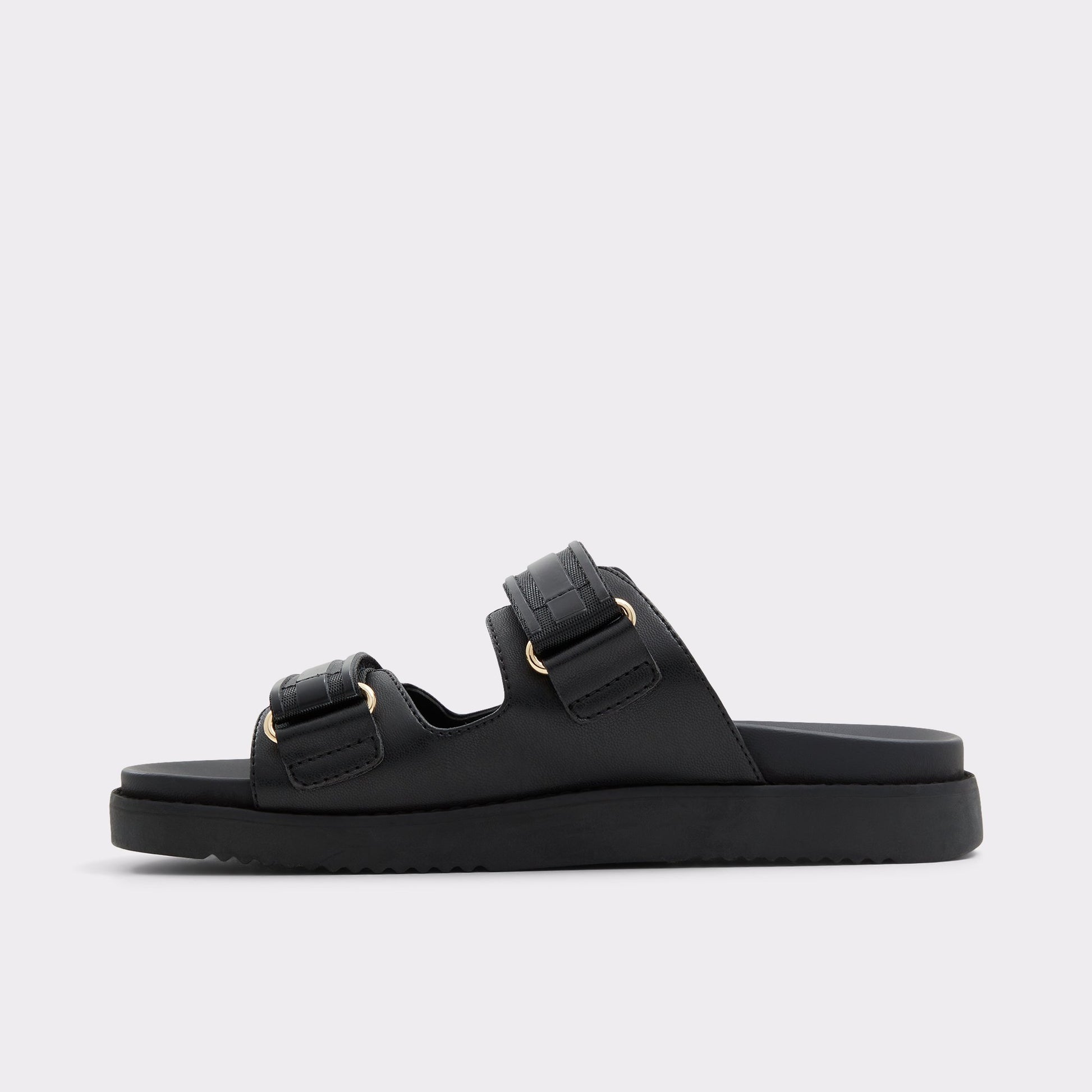 Side view of Black Coralina Strappy flat sandal