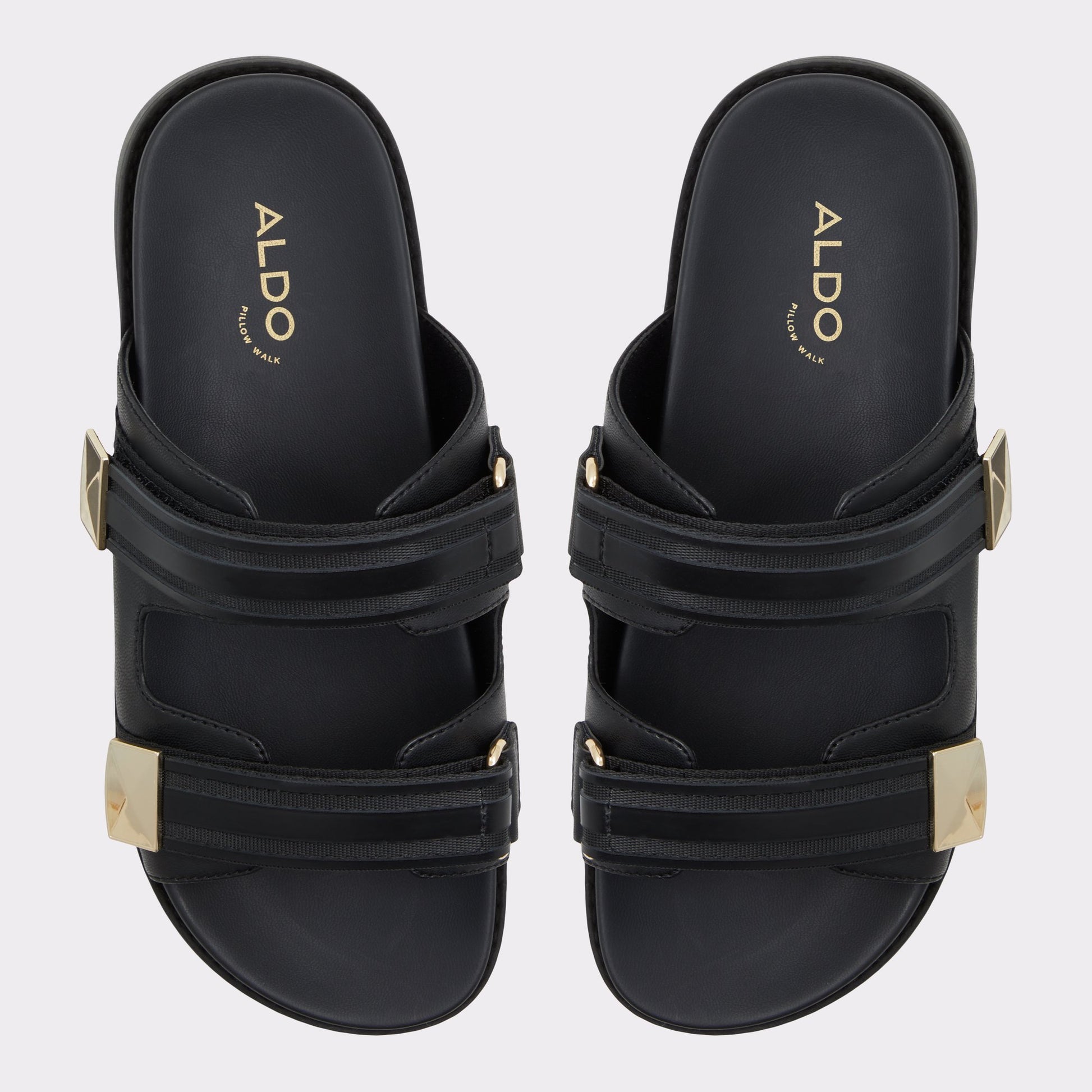 Top-down view of the Black Coralina Strappy flat sandal