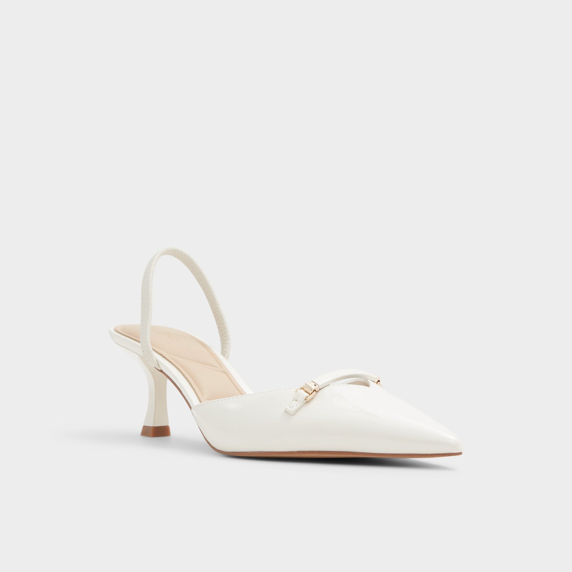 Three-quarter angle of White/Bone Nailah Slingback heel's front side