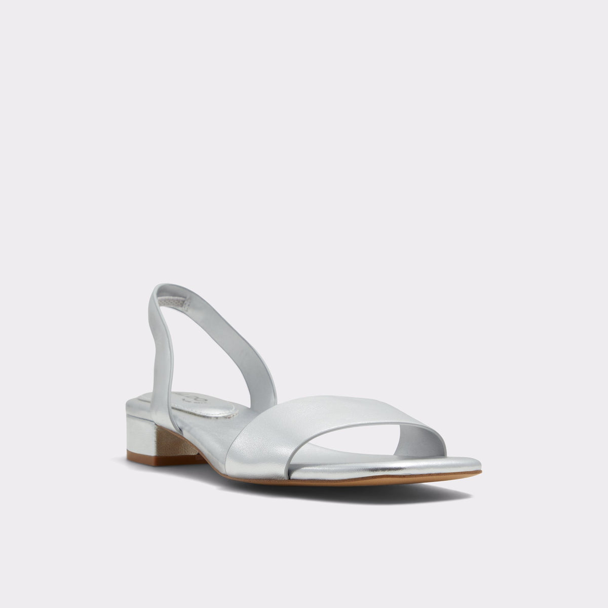 Three-quarter angle of Silver Dorenna Strappy sandal's front side