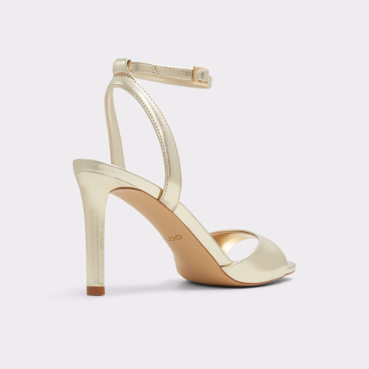 Three-quarter angle of Gold Sake Strappy stiletto sandal's back side