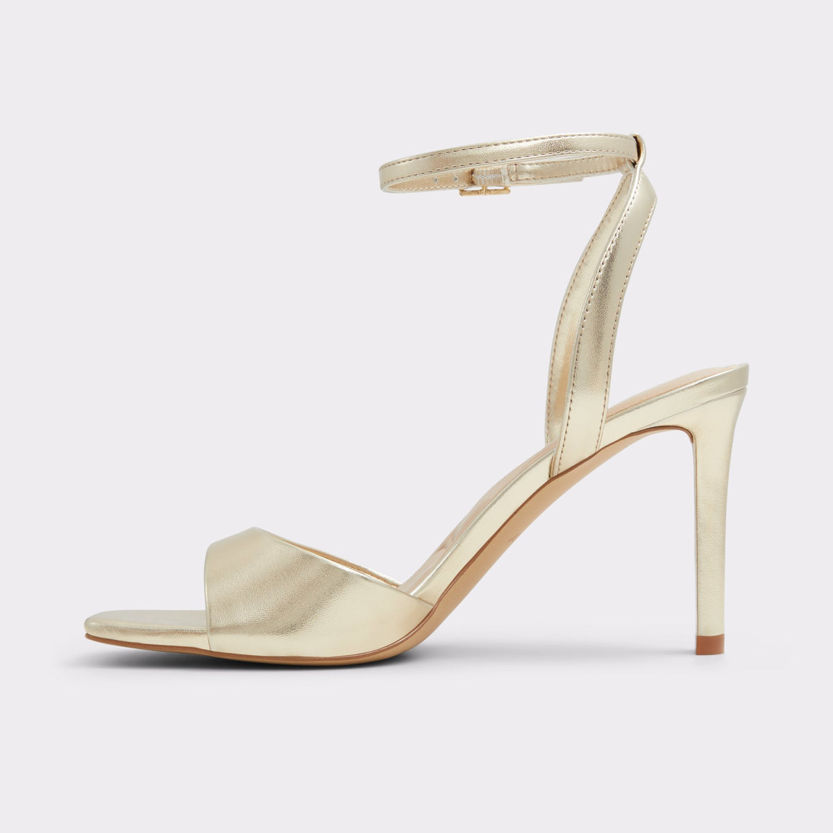 Side view of Gold Sake Strappy stiletto sandal