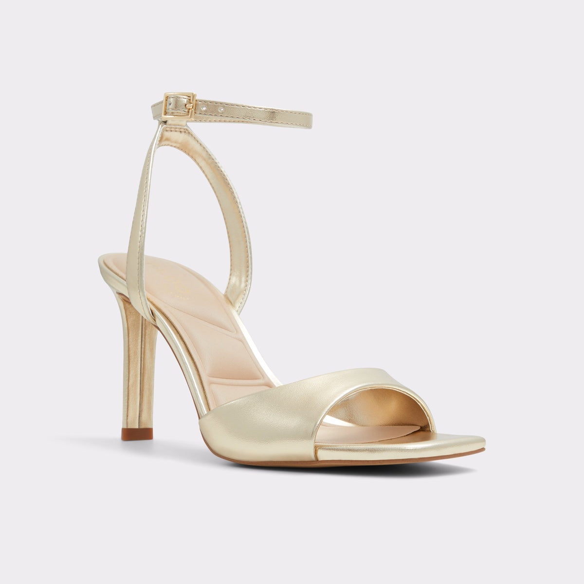 Three-quarter angle of Gold Sake Strappy stiletto sandal's front side