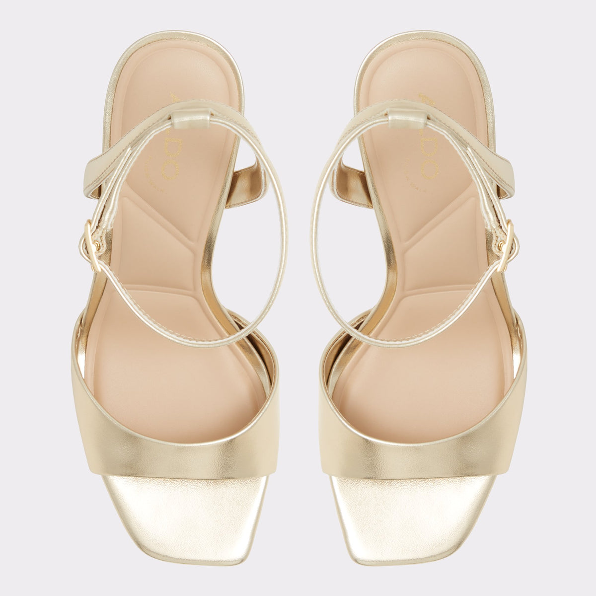 Top-down view of the Gold Sake Strappy stiletto sandal