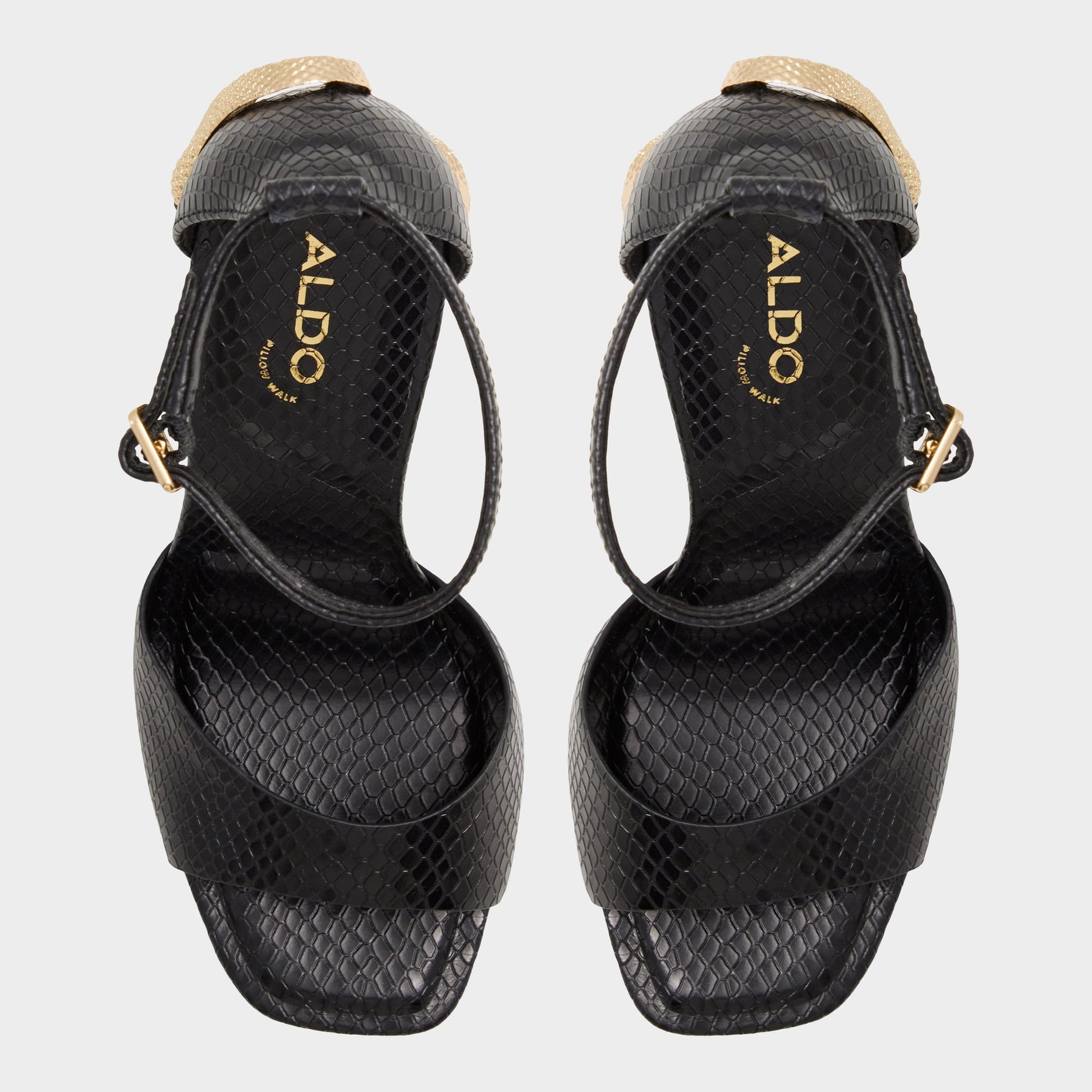 Top-down view of the Other Black Medusa Strappy heeled sandal