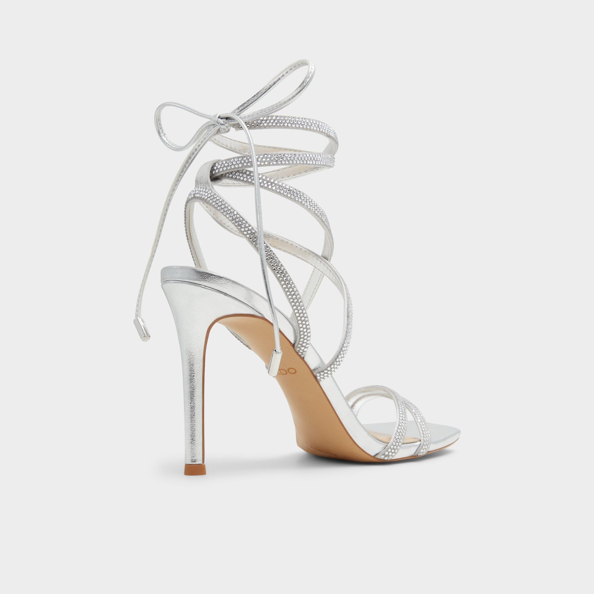Three-quarter angle of Silver Phaedra Strappy stiletto sandal's back side