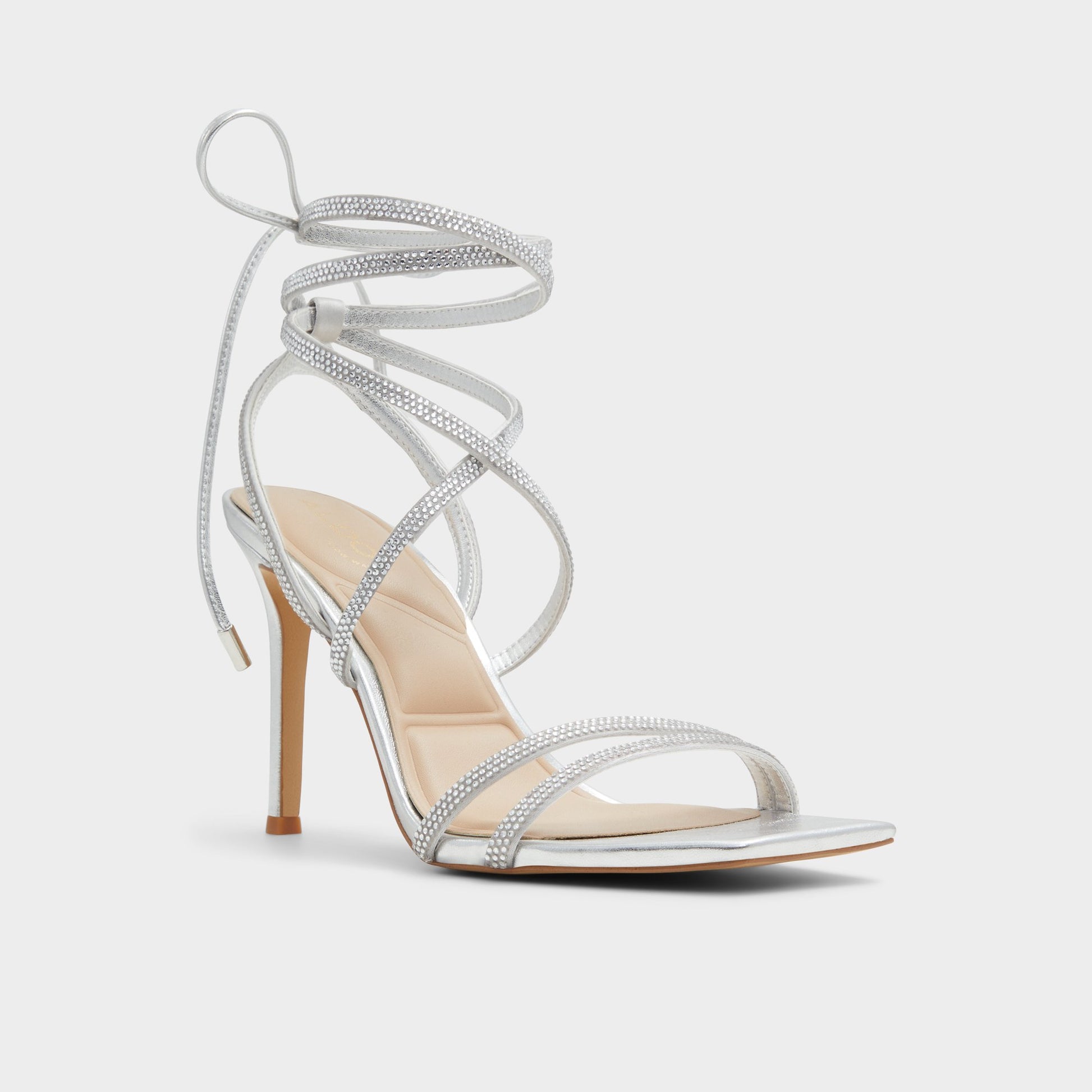 Three-quarter angle of Silver Phaedra Strappy stiletto sandal's front side