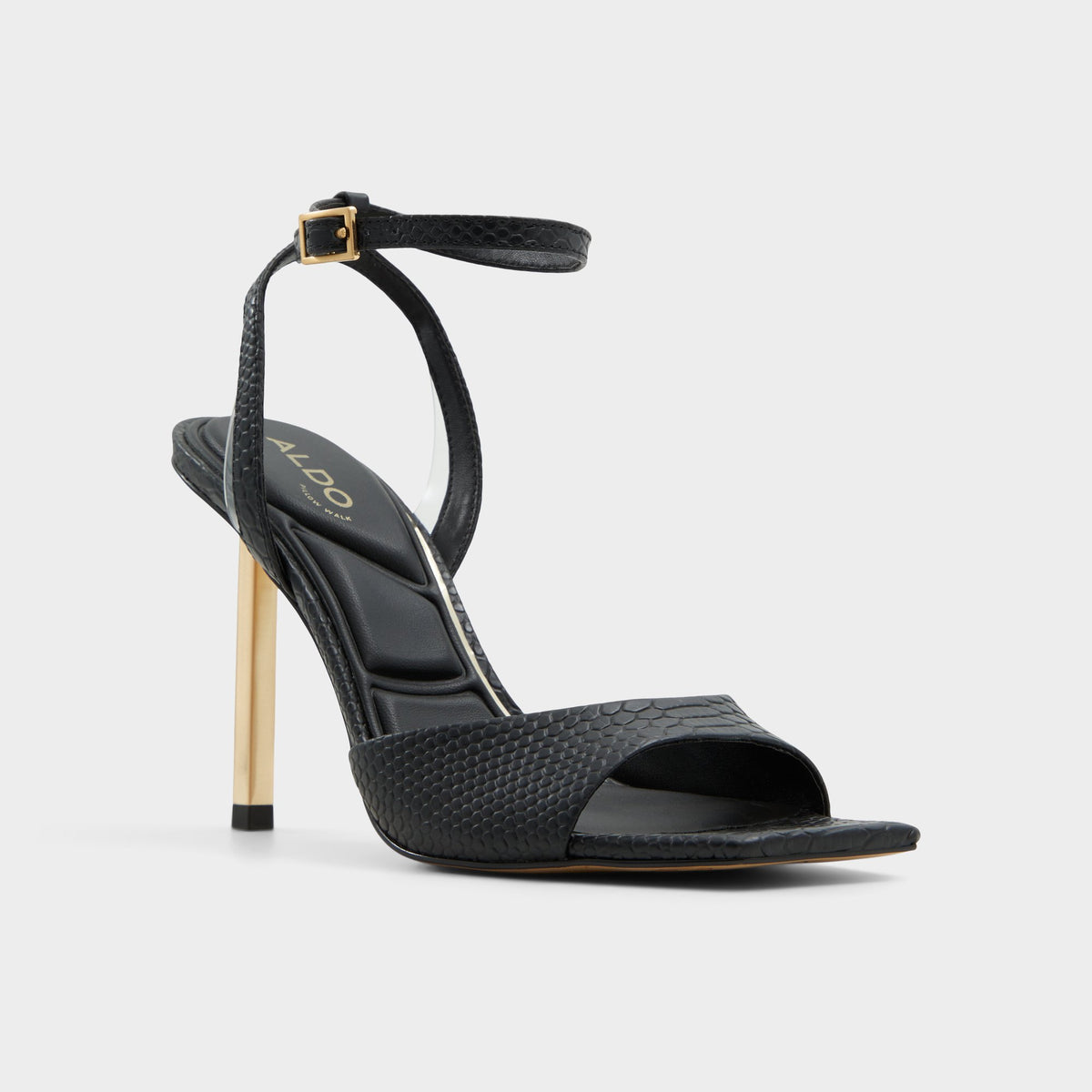 Three-quarter angle of Other Black Lettie Black strappy stiletto sandal's front side