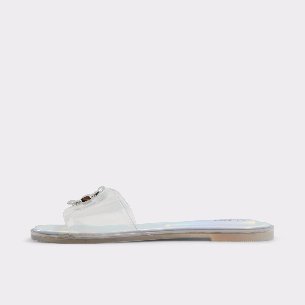 Side view of Clear Jellyicious Slide sandal &amp; tote bag
