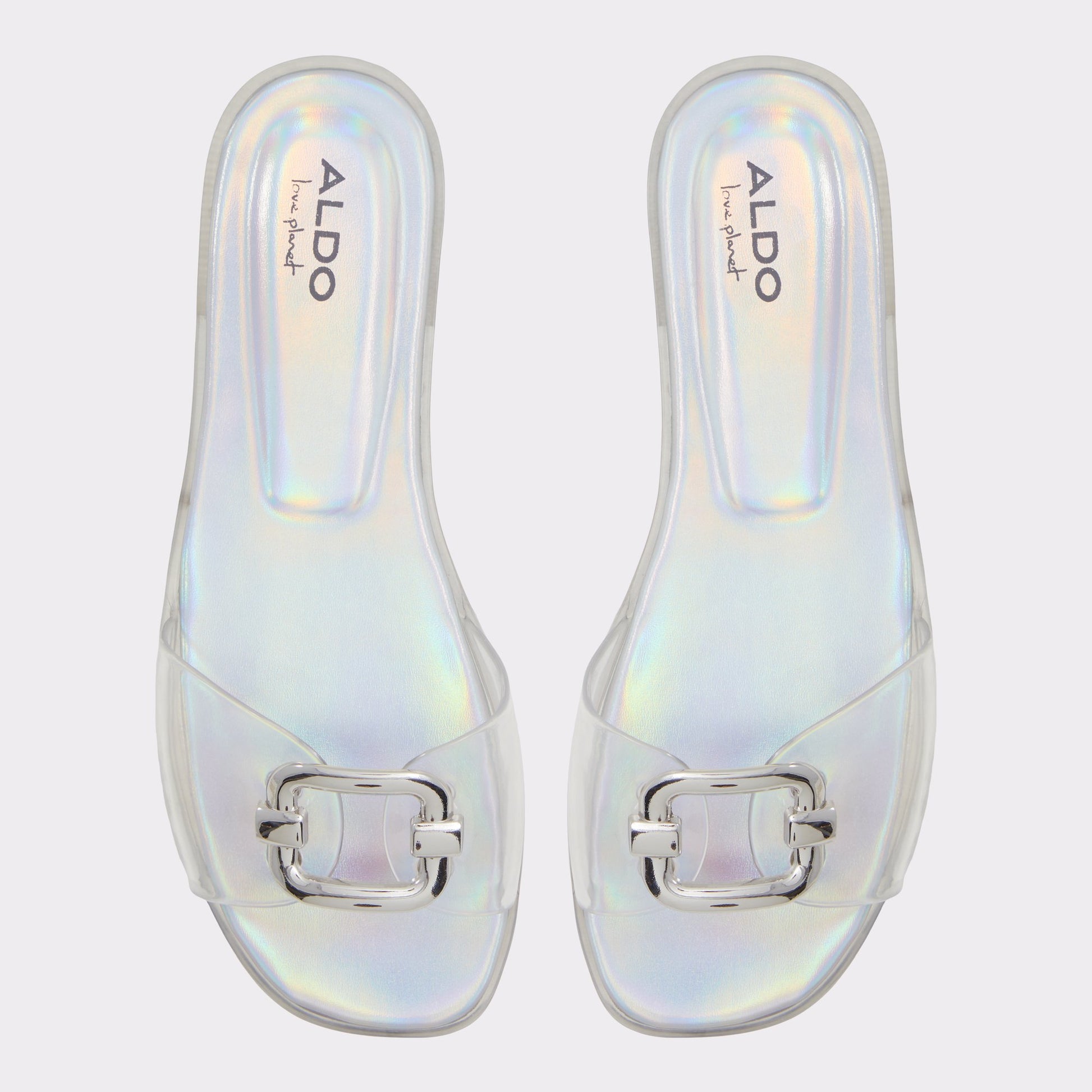 Top-down view of the Clear Jellyicious Slide sandal &amp; tote bag