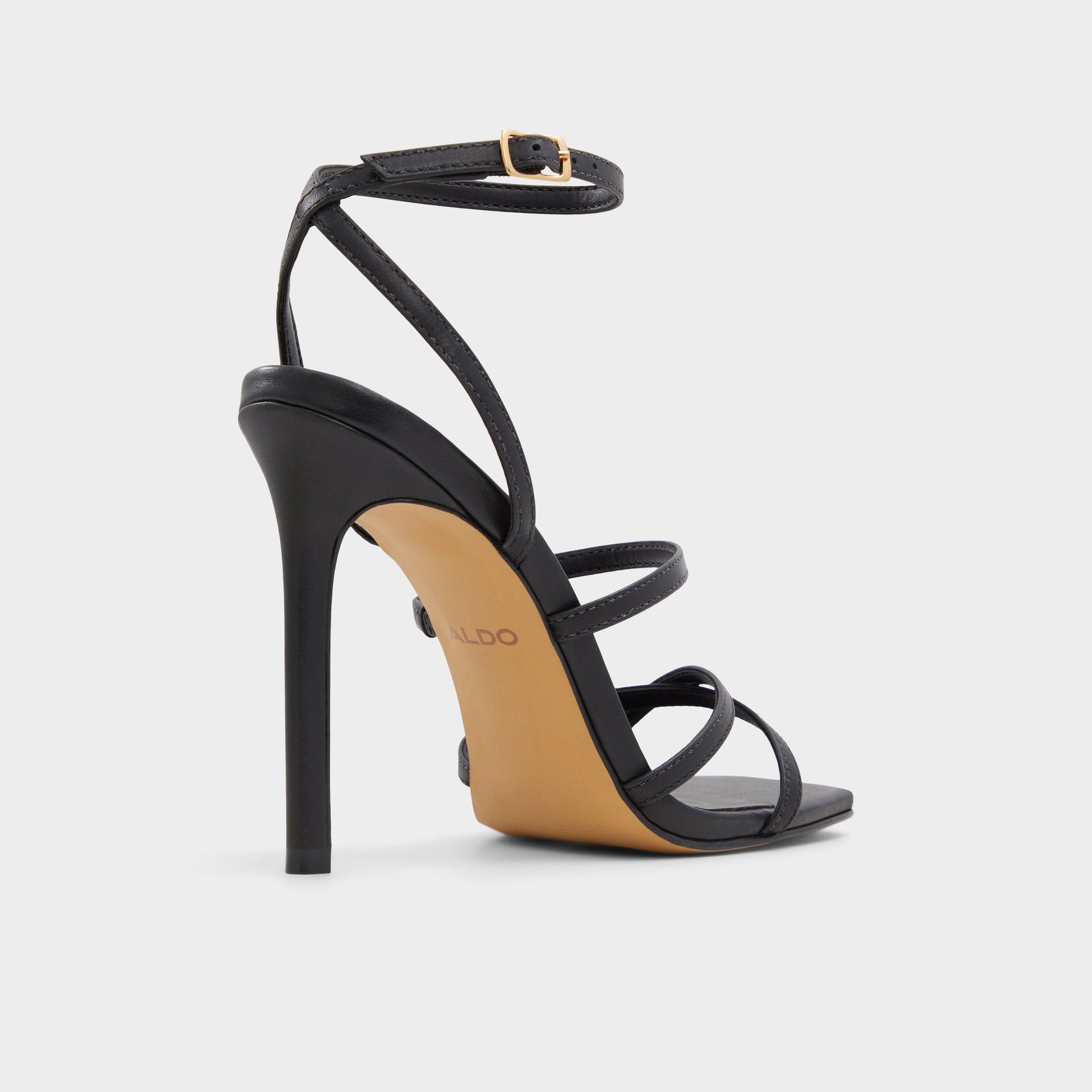 Three-quarter angle of Black Galoi Strappy heeled sandal's back side