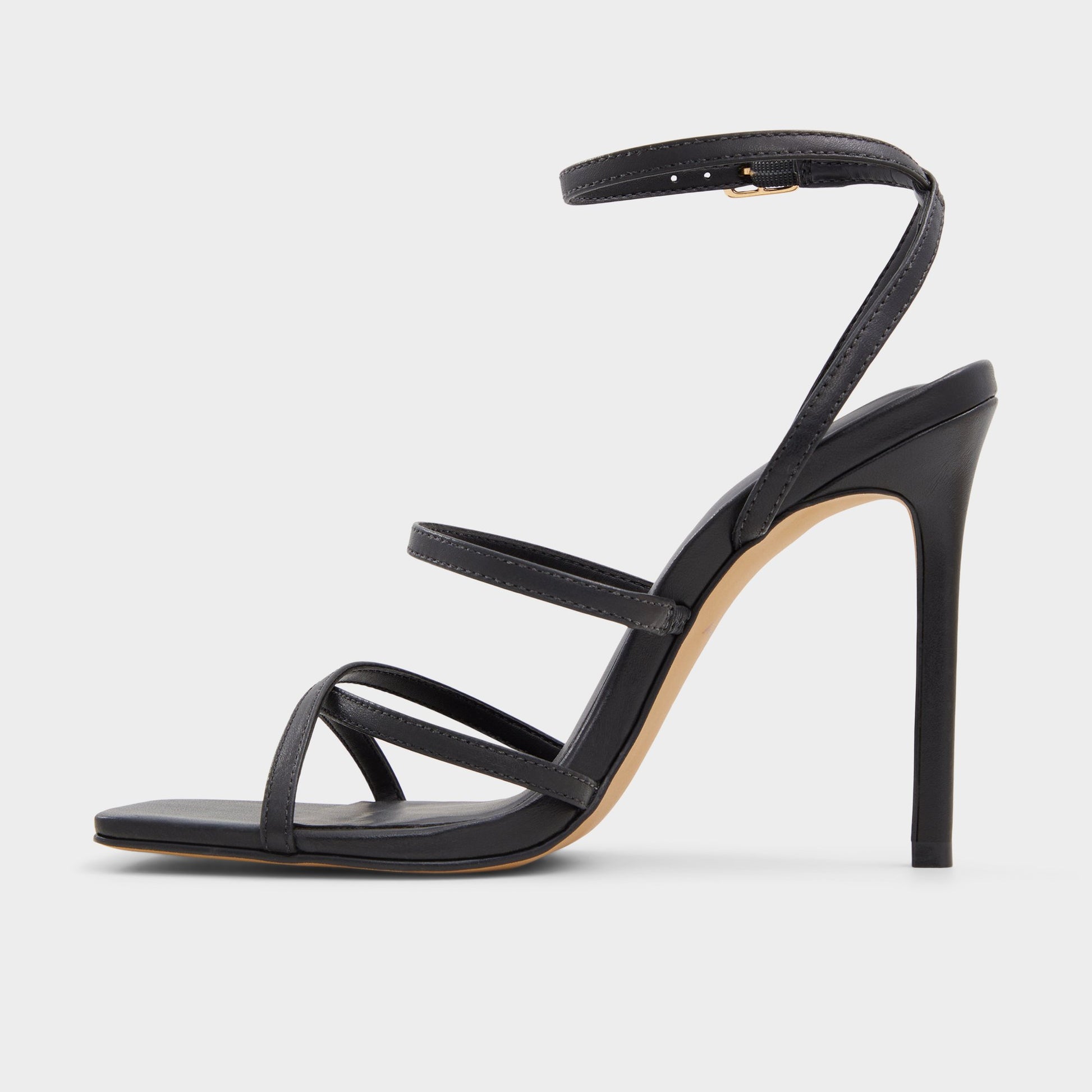 Side view of Black Galoi Strappy heeled sandal