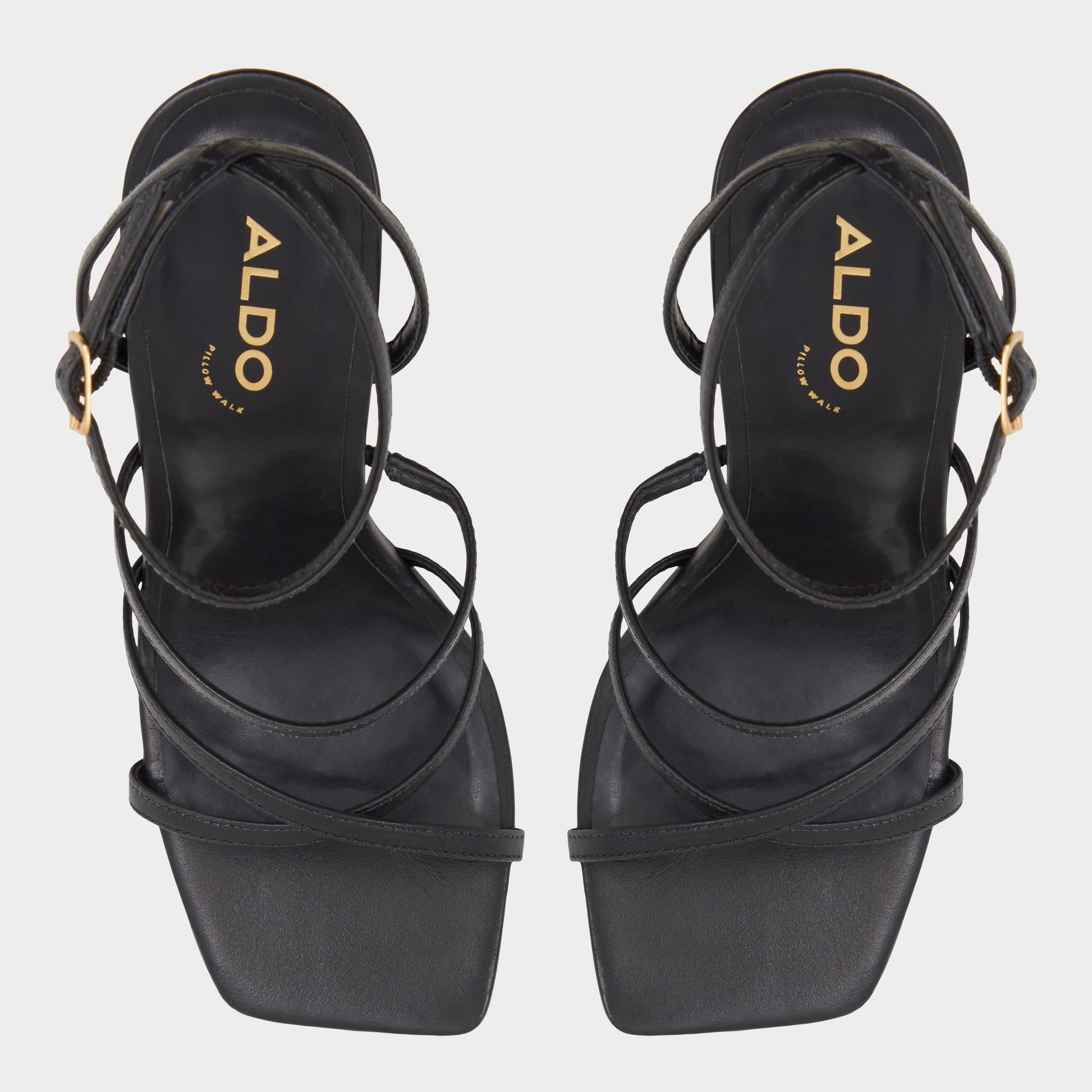 Top-down view of the Black Galoi Strappy heeled sandal