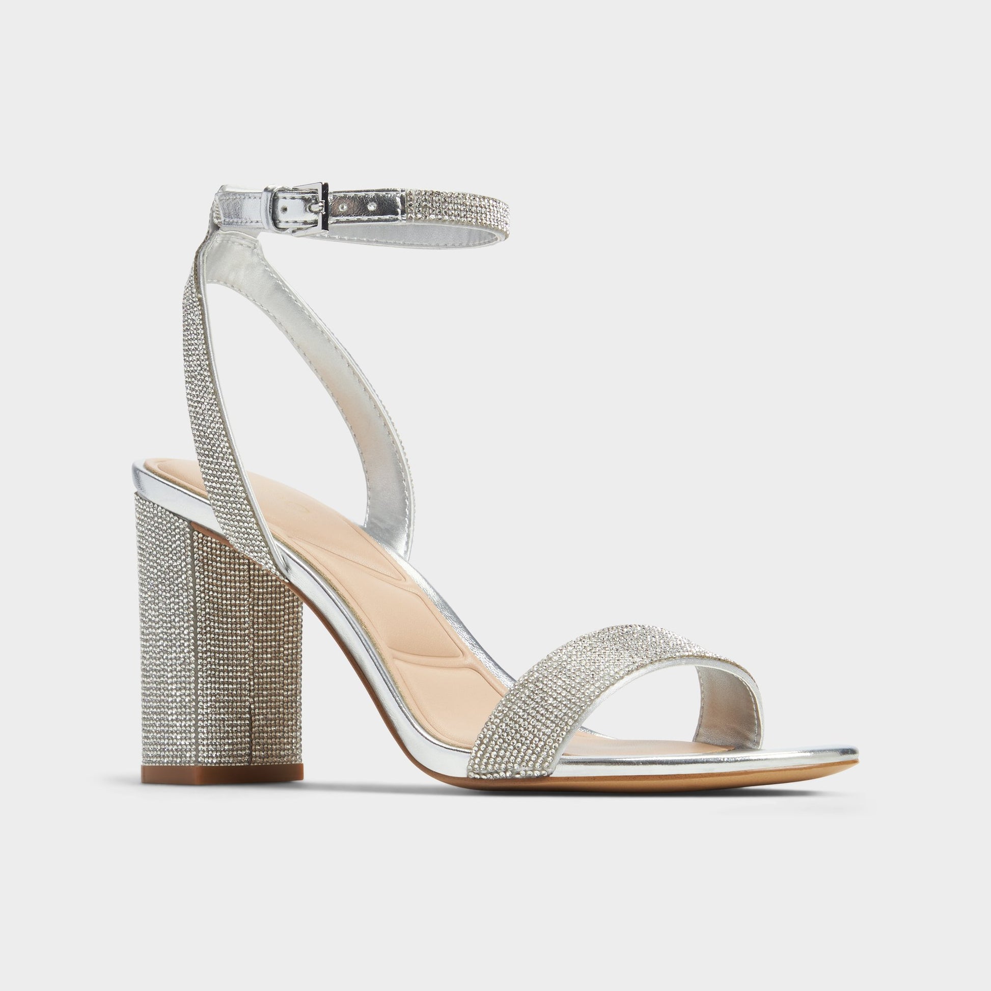 Three-quarter angle of Silver Rhiannon Strappy sandal's front side