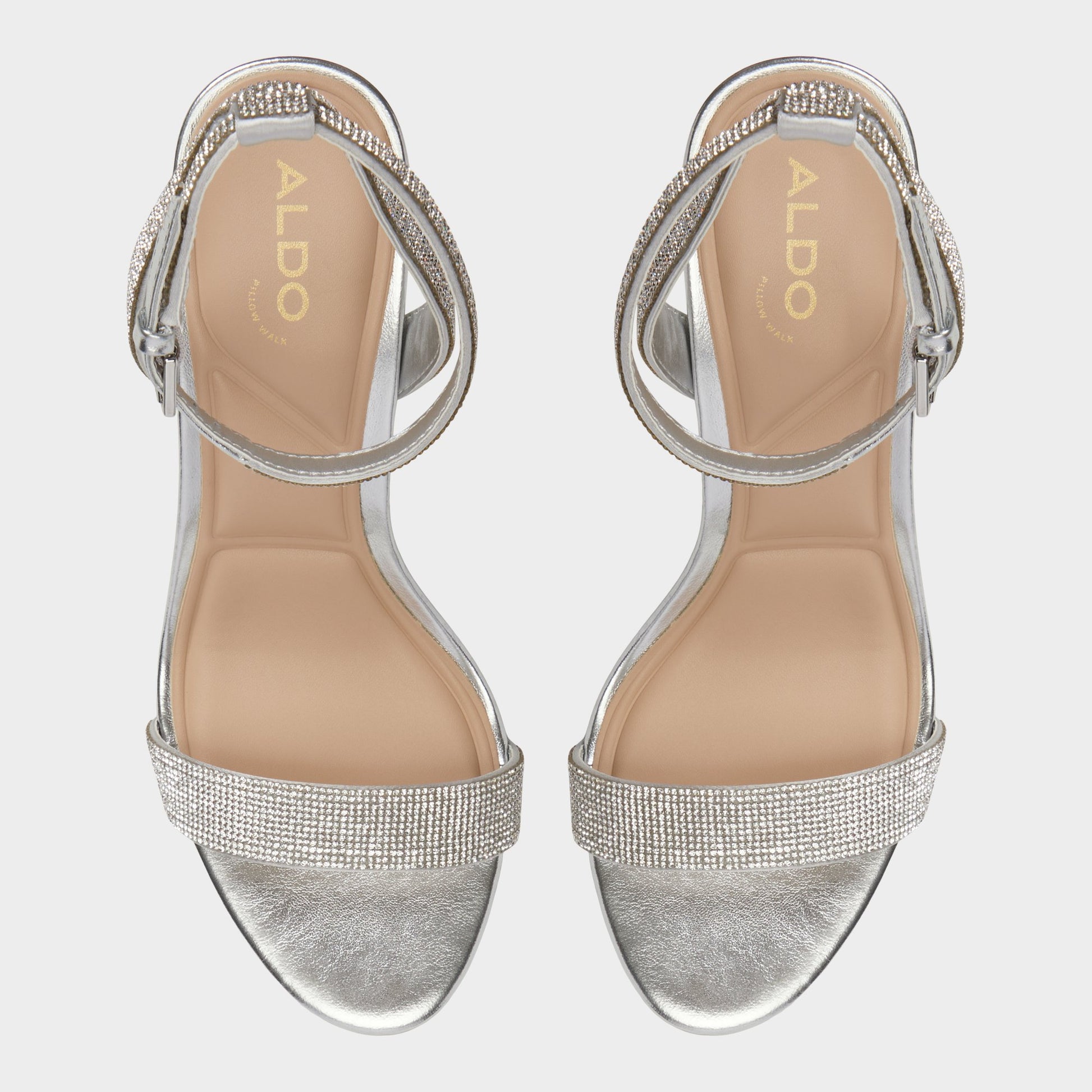 Top-down view of the Silver Rhiannon Strappy sandal