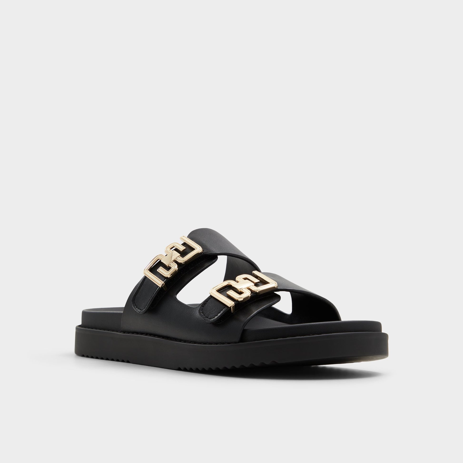 Three-quarter angle of Black Alessie Footbed sandal's front side