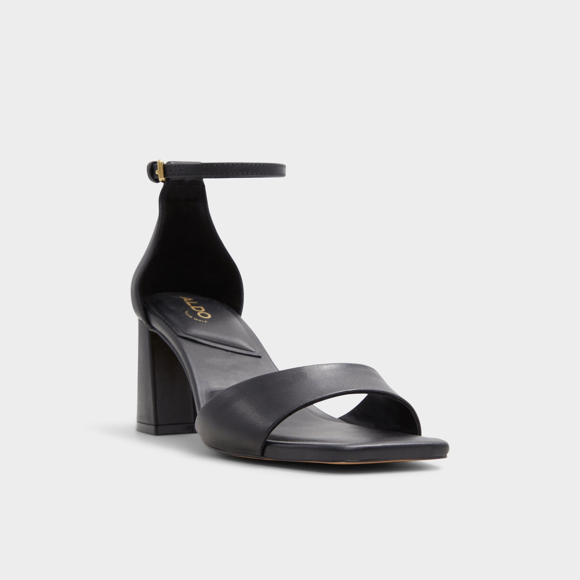 Three-quarter angle of Black Maize Black heeled sandal's front side