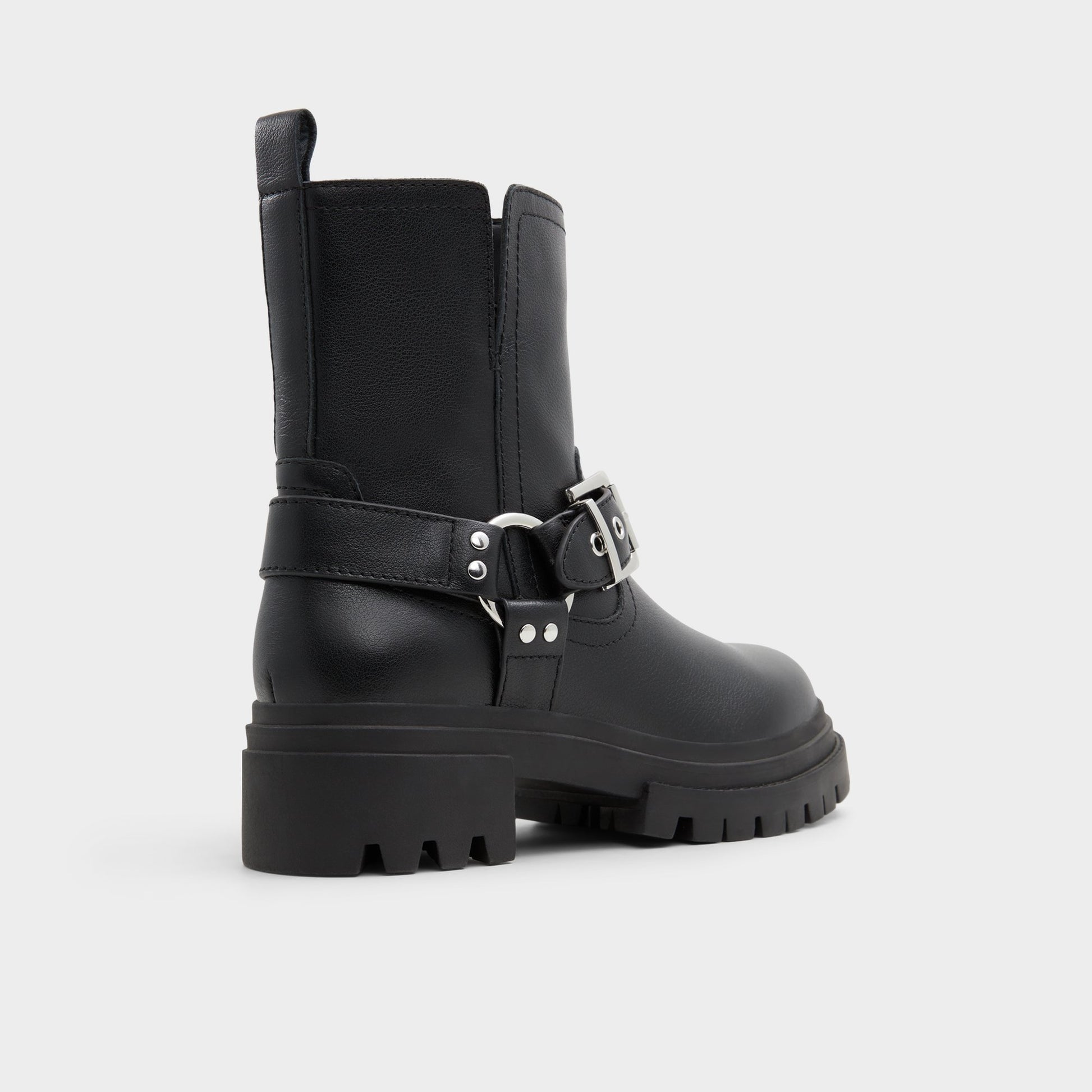 Three-quarter angle of Black Harlly Motorcycle ankle boot's back side
