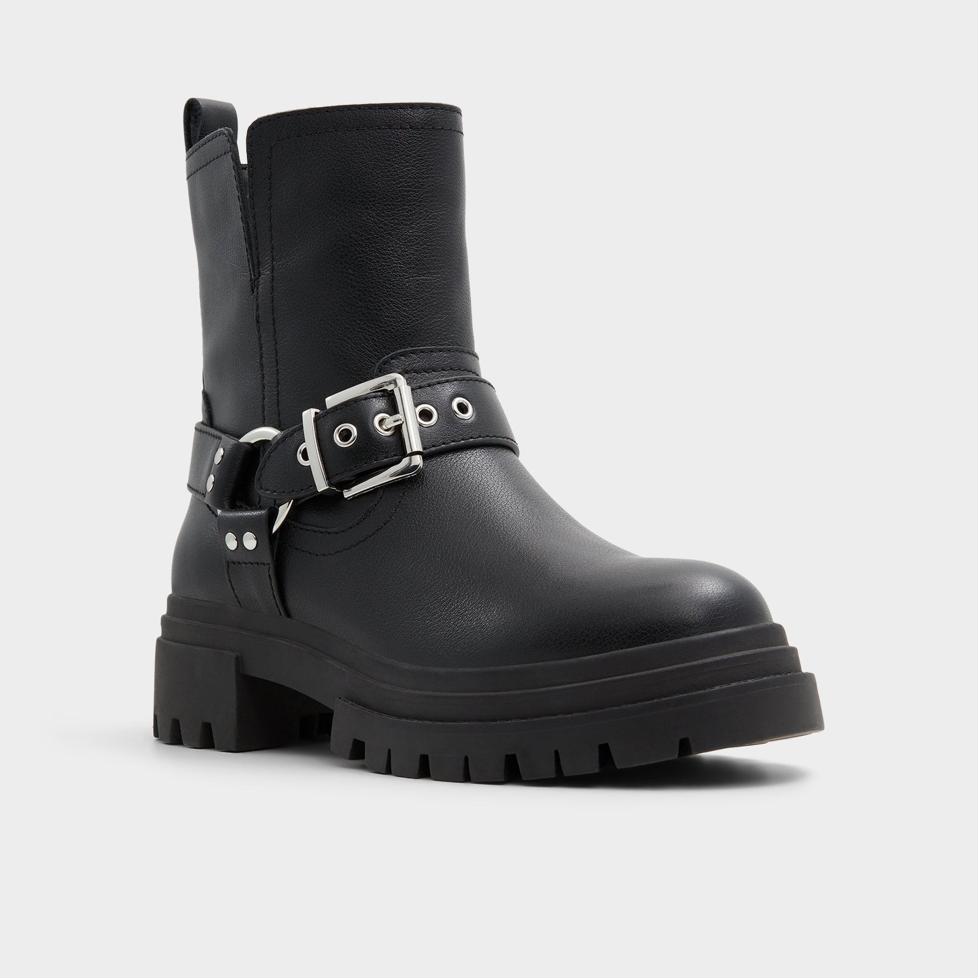 Three-quarter angle of Black Harlly Motorcycle ankle boot's front side