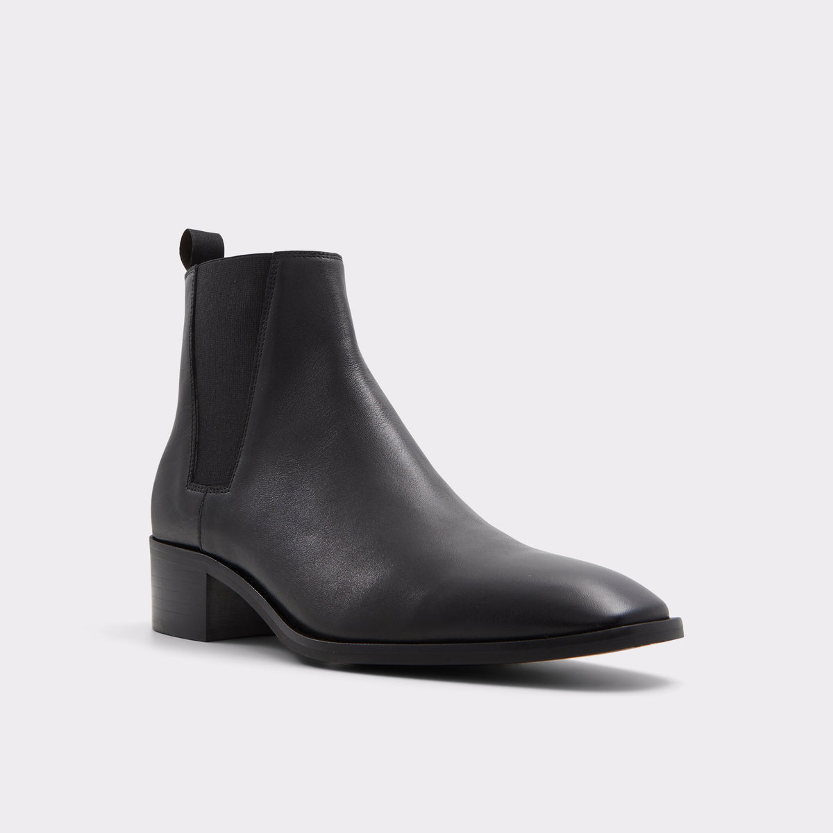 Three-quarter angle of Black Ruchstock Chelsea boot's front side